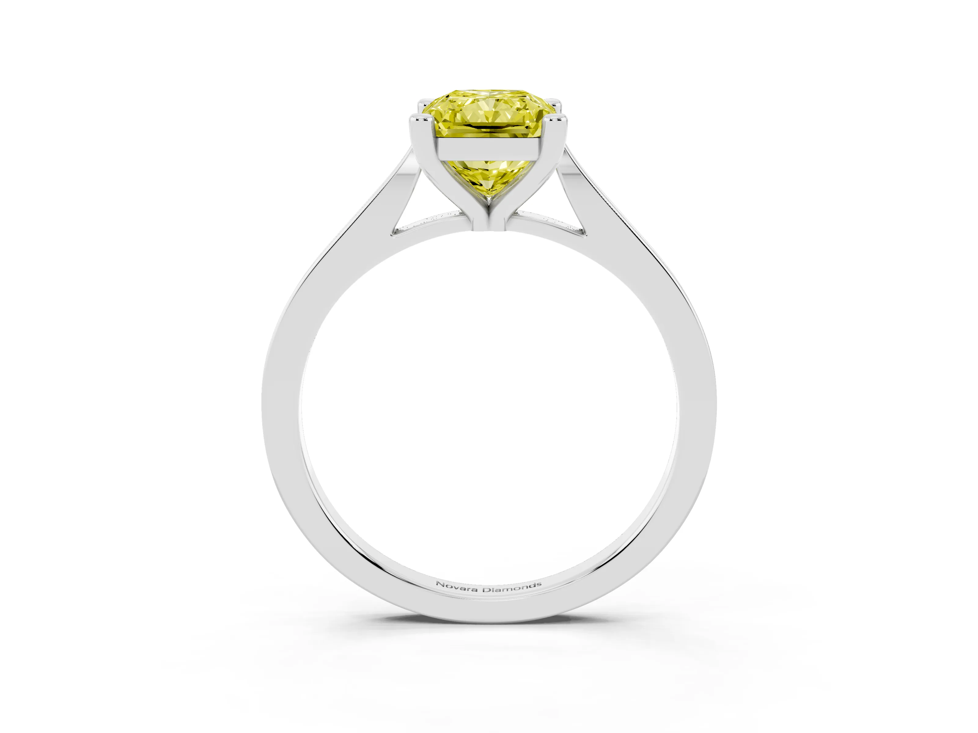Fancy Yellow Radiant Cut Diamond Solitaire Ring Set in Platinum with Prong Setting and Tapered Band