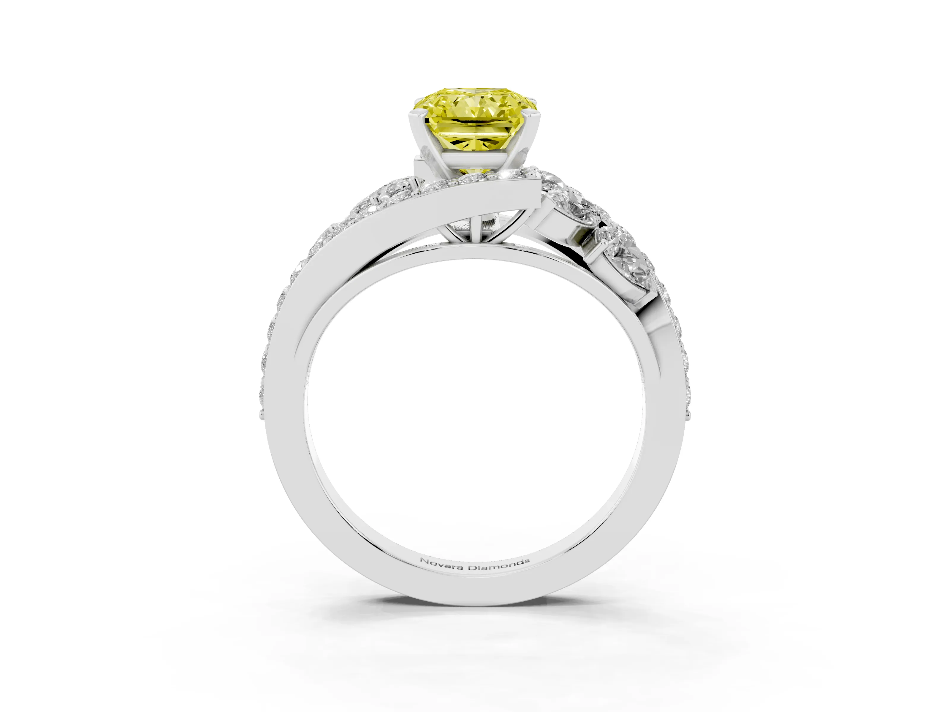 Fancy Yellow Radiant Cut Diamond Halo Ring Set in Silver with Marquise and Pavé Band in Prong Setting