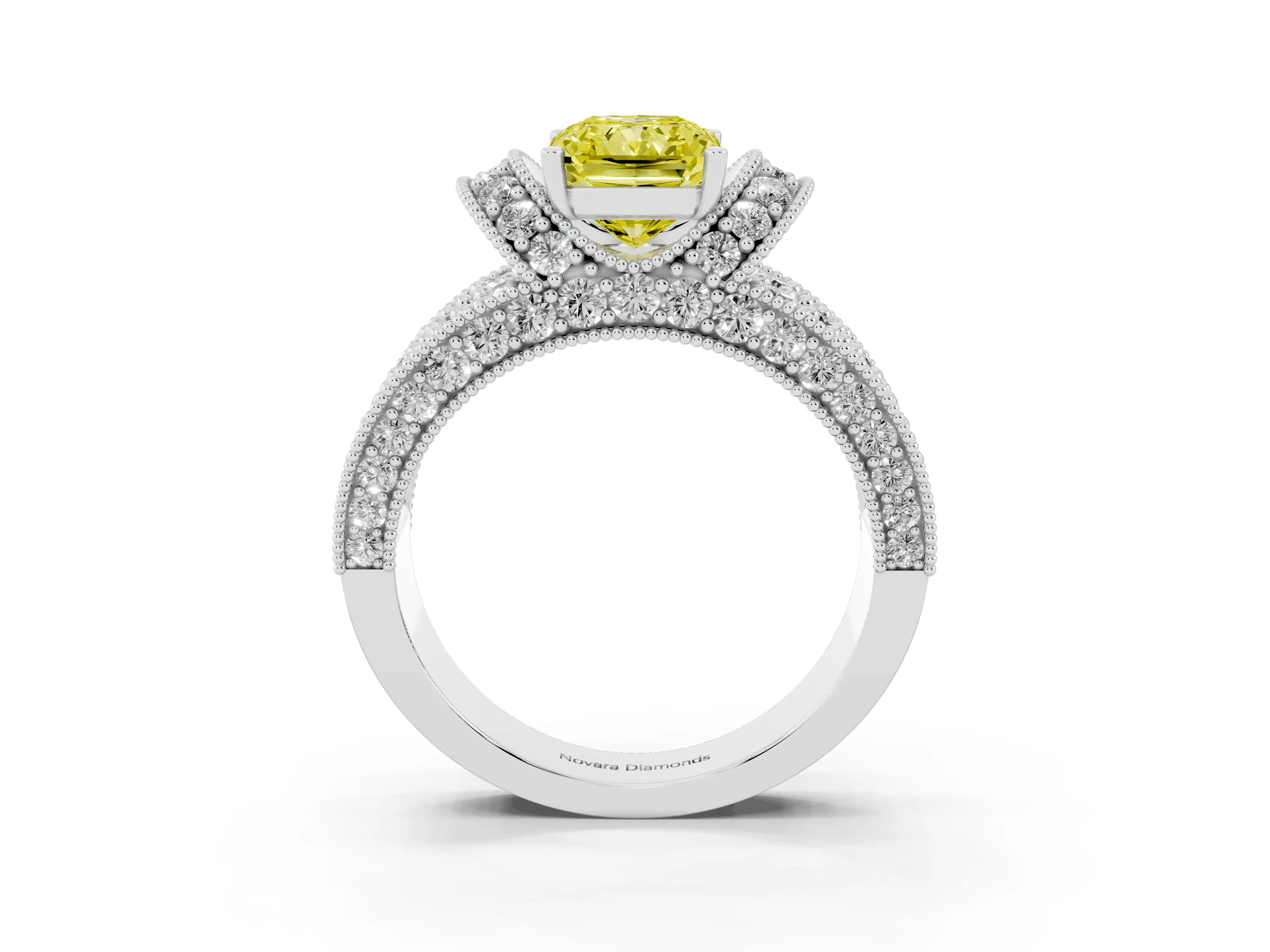 Fancy Yellow Radiant Cut Diamond Milgrain Halo Pavé Engagement Ring Set in White gold with Prong Setting