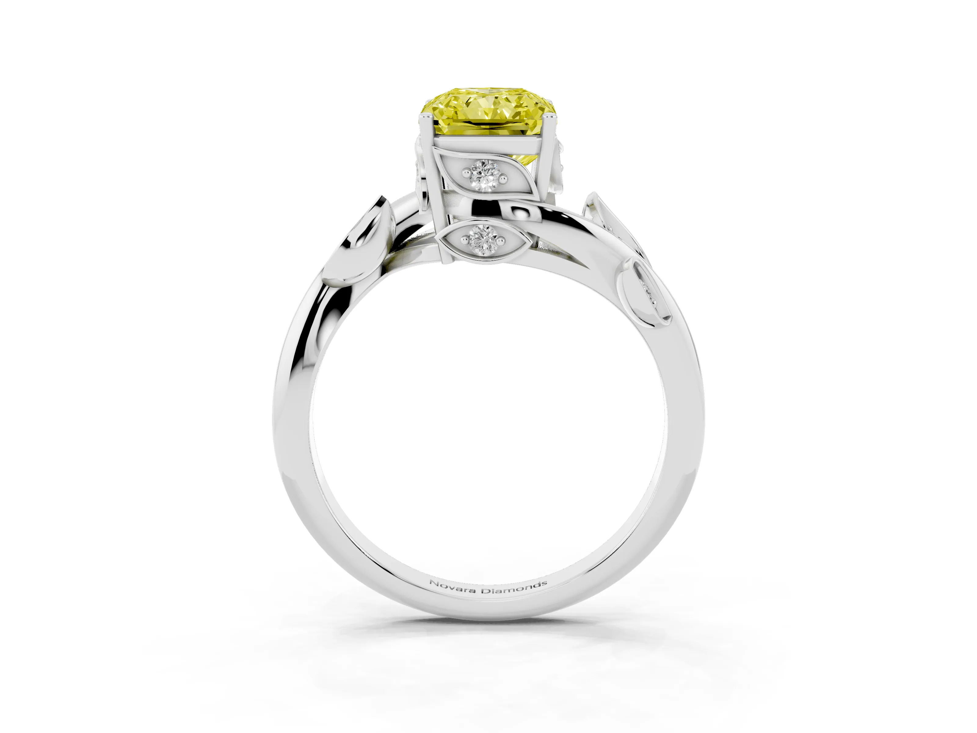 Fancy Yellow Radiant Cut Diamond Solitaire Twist Engagement Ring Set in Platinum with Pavé Leaf Accents