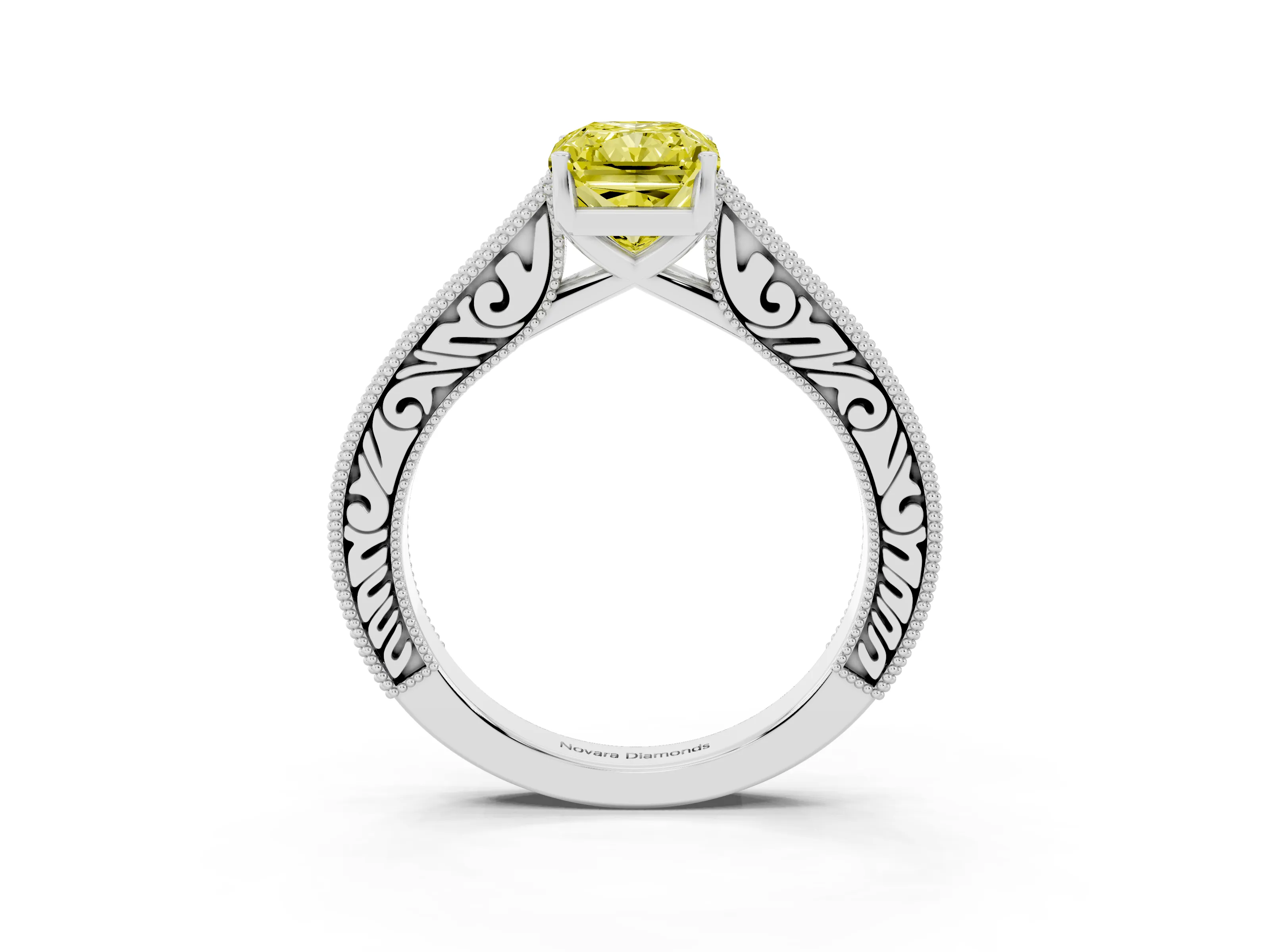 Fancy Yellow Radiant Cut Diamond Milgrain Pavé Band Solitaire Ring Set in Platinum with Prong Setting
