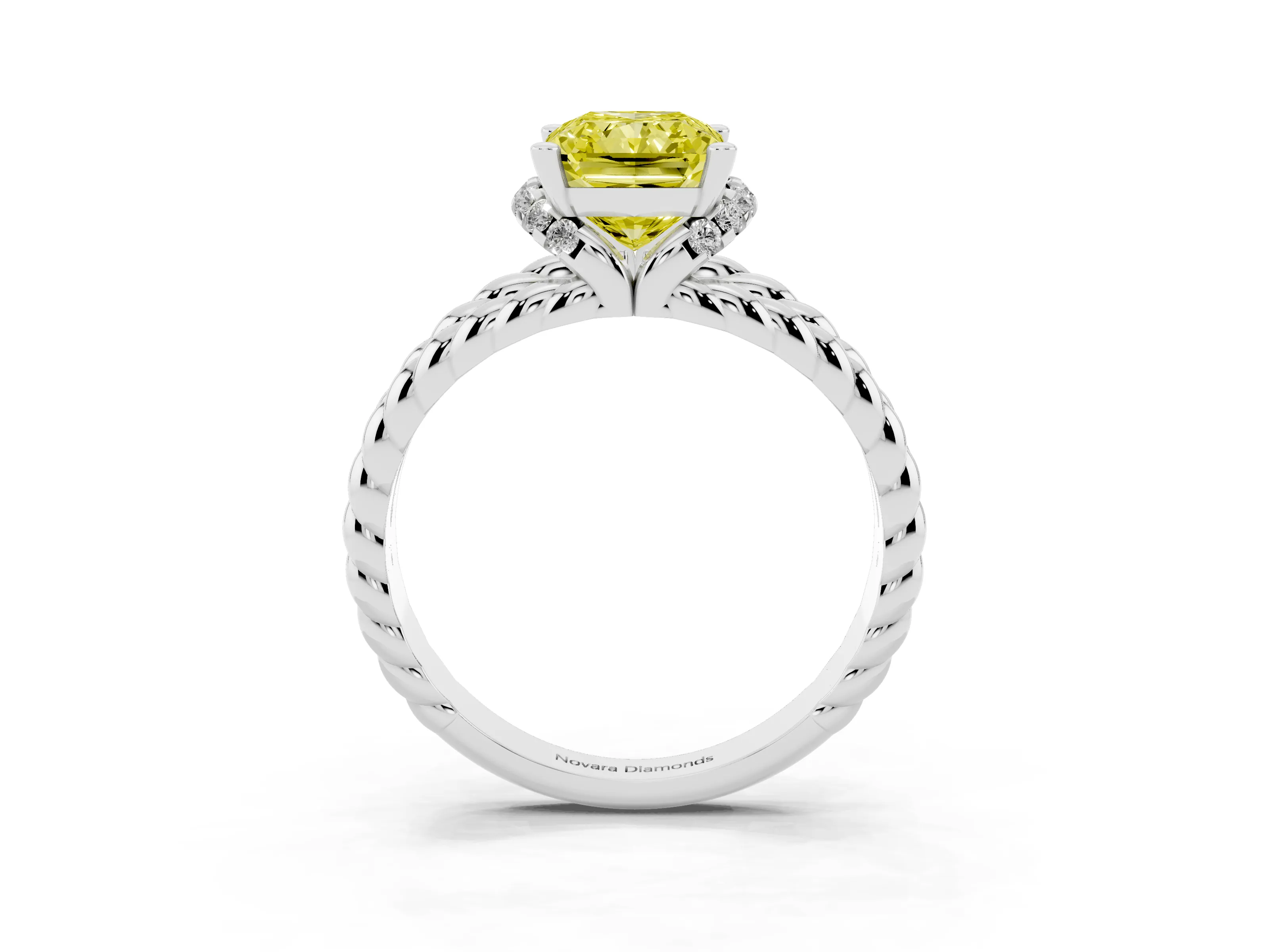 Fancy Yellow Radiant Cut Diamond Halo Ring Set in White gold with Twisted Band and Prong Setting