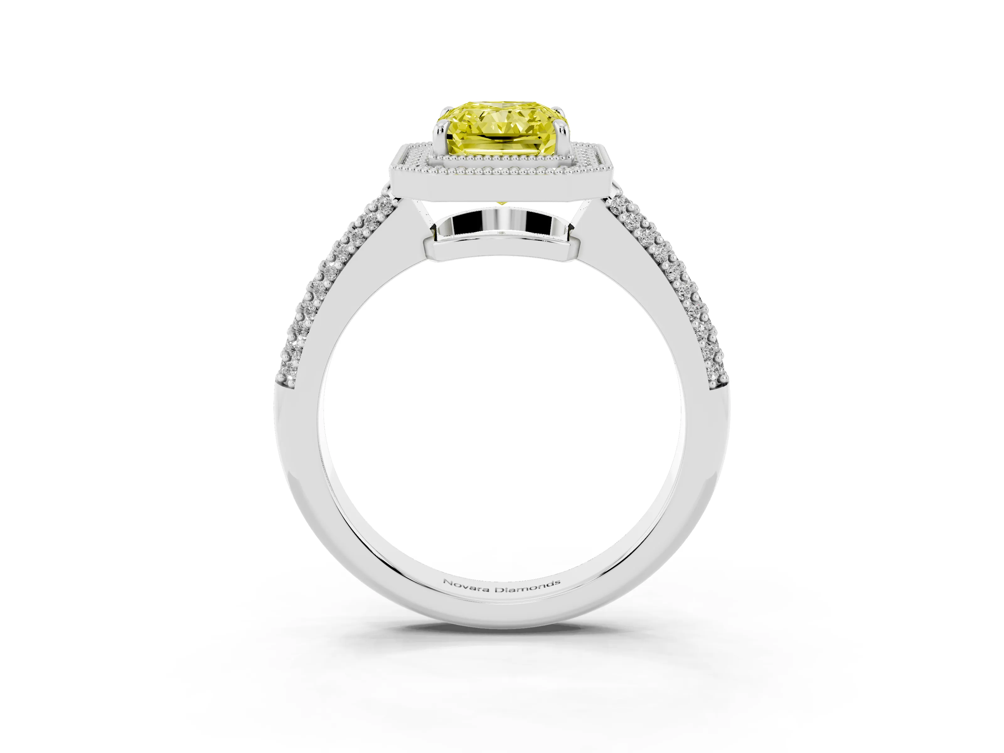 Fancy Yellow Radiant Cut Diamond Halo Pavé Band Set in White gold with Prong Setting
