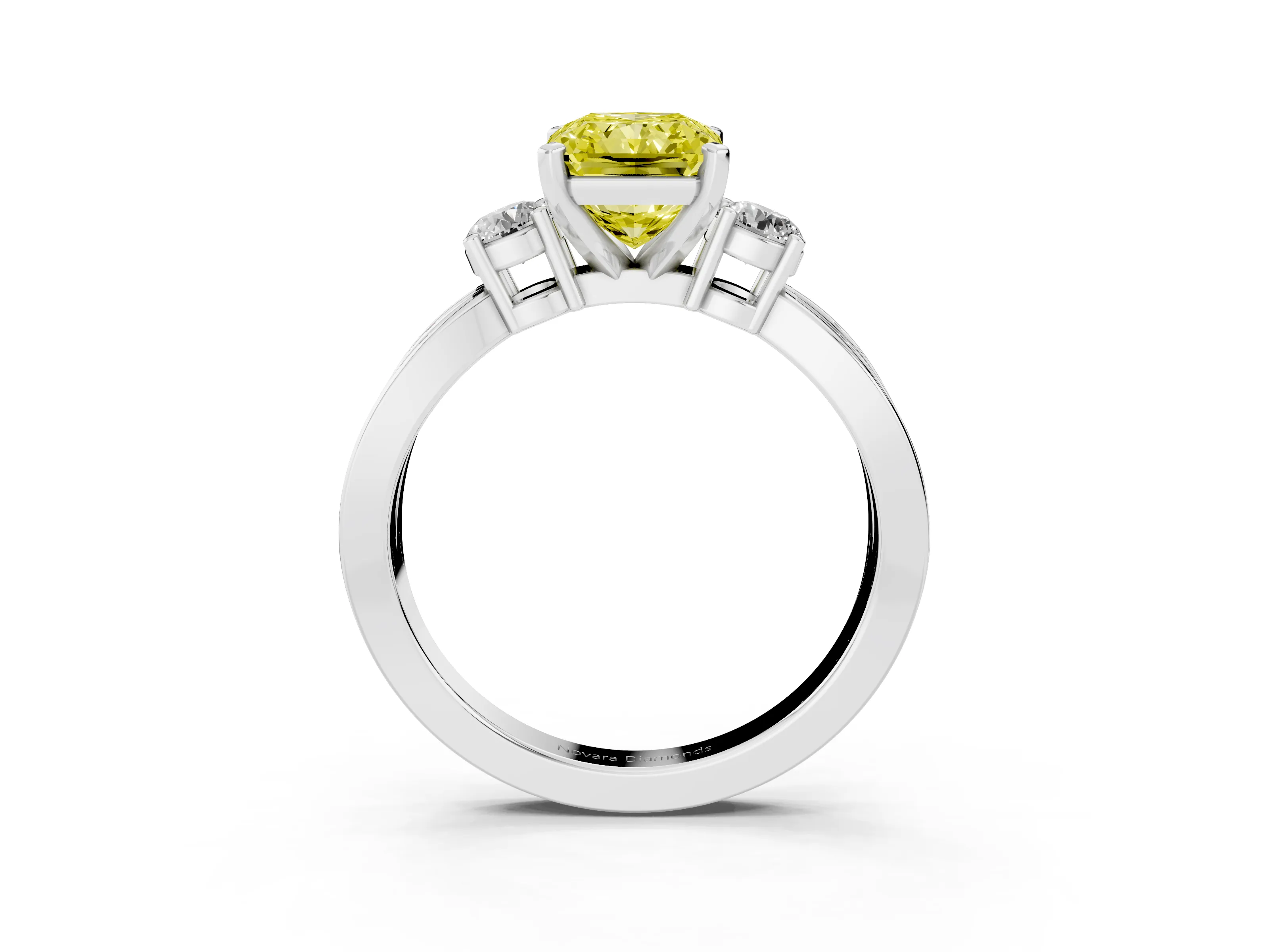 Fancy Yellow Three-Stone Radiant Cut Diamond Twist Band Ring Set in Platinum with Pavé Accents and Prong Setting