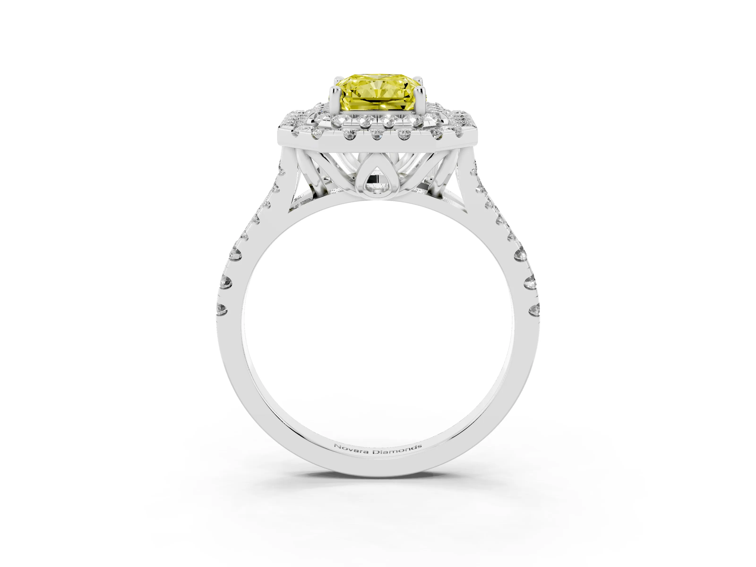 Fancy Yellow Radiant Cut Diamond Double Halo Ring Set in Silver with Pavé Split Shank and Prong Setting
