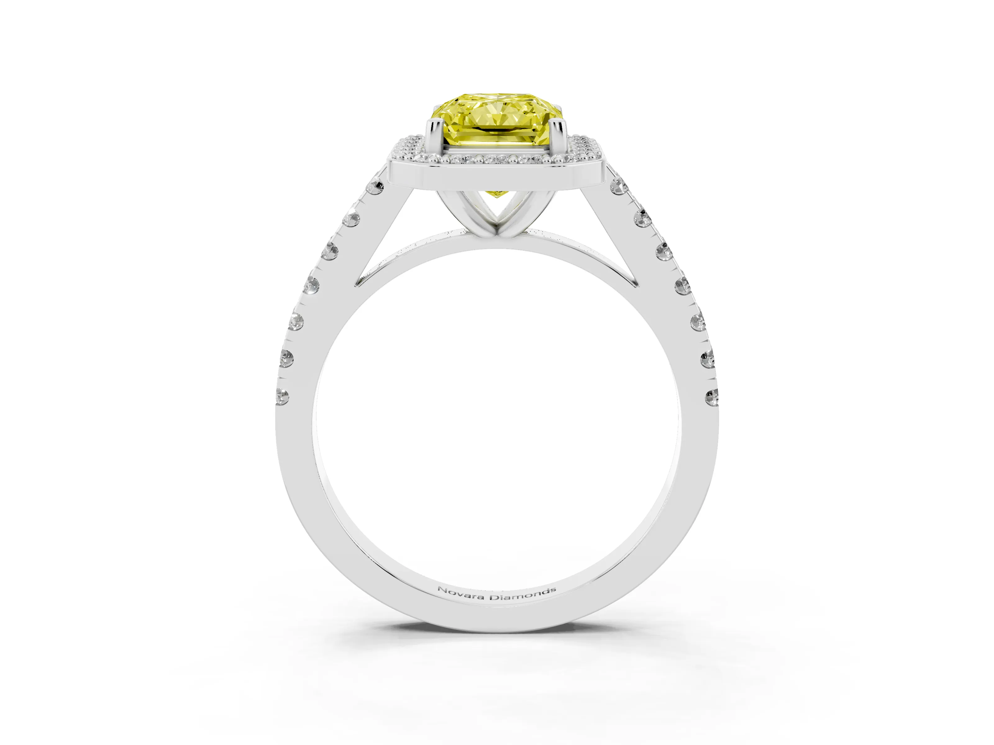 Fancy Yellow Radiant Cut Diamond Halo Ring Set in White gold with Round Pavé Split Shank and Prong Setting