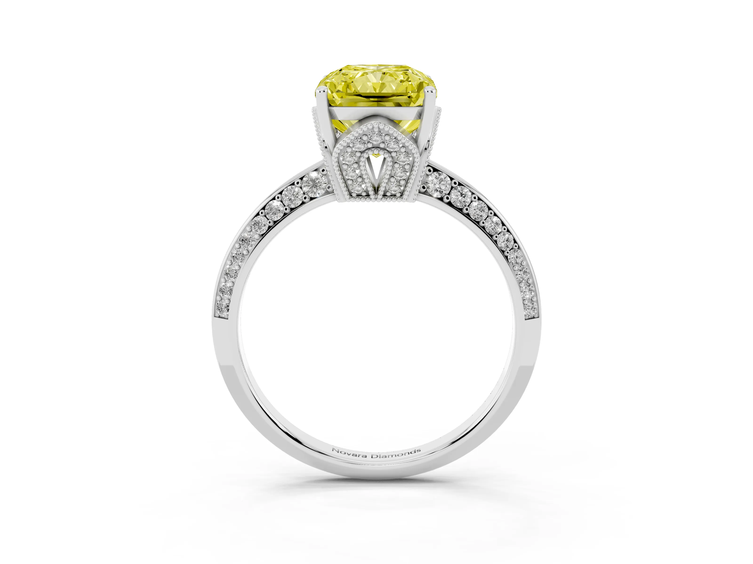 Fancy Yellow Radiant Cut Diamond Solitaire Engagement Ring Set in Silver with Pavé Split Shank and Prong Setting
