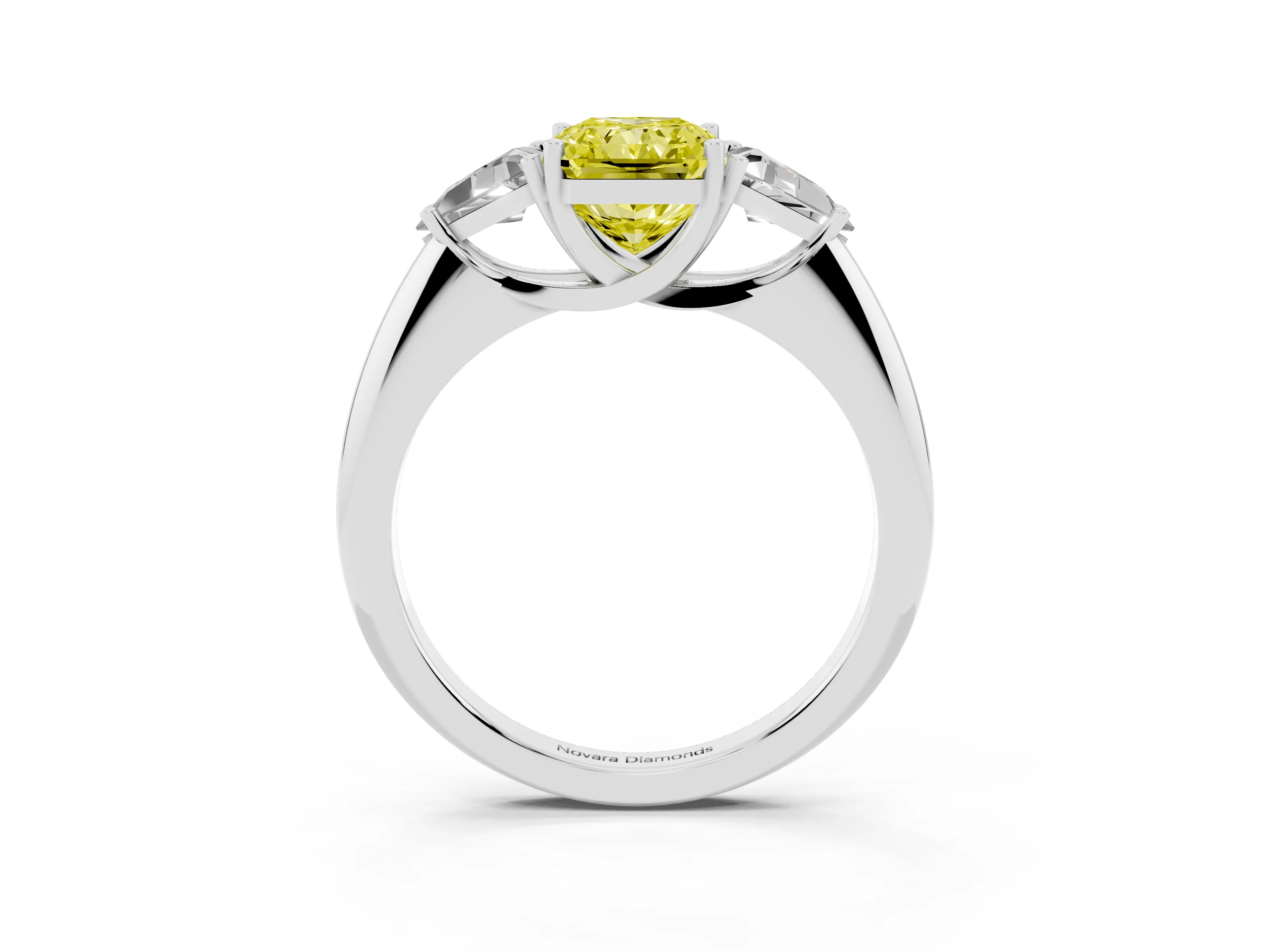 Fancy Yellow Radiant Cut Diamond Three-Stone Engagement Ring Set in Platinum with Trillion Side Stones