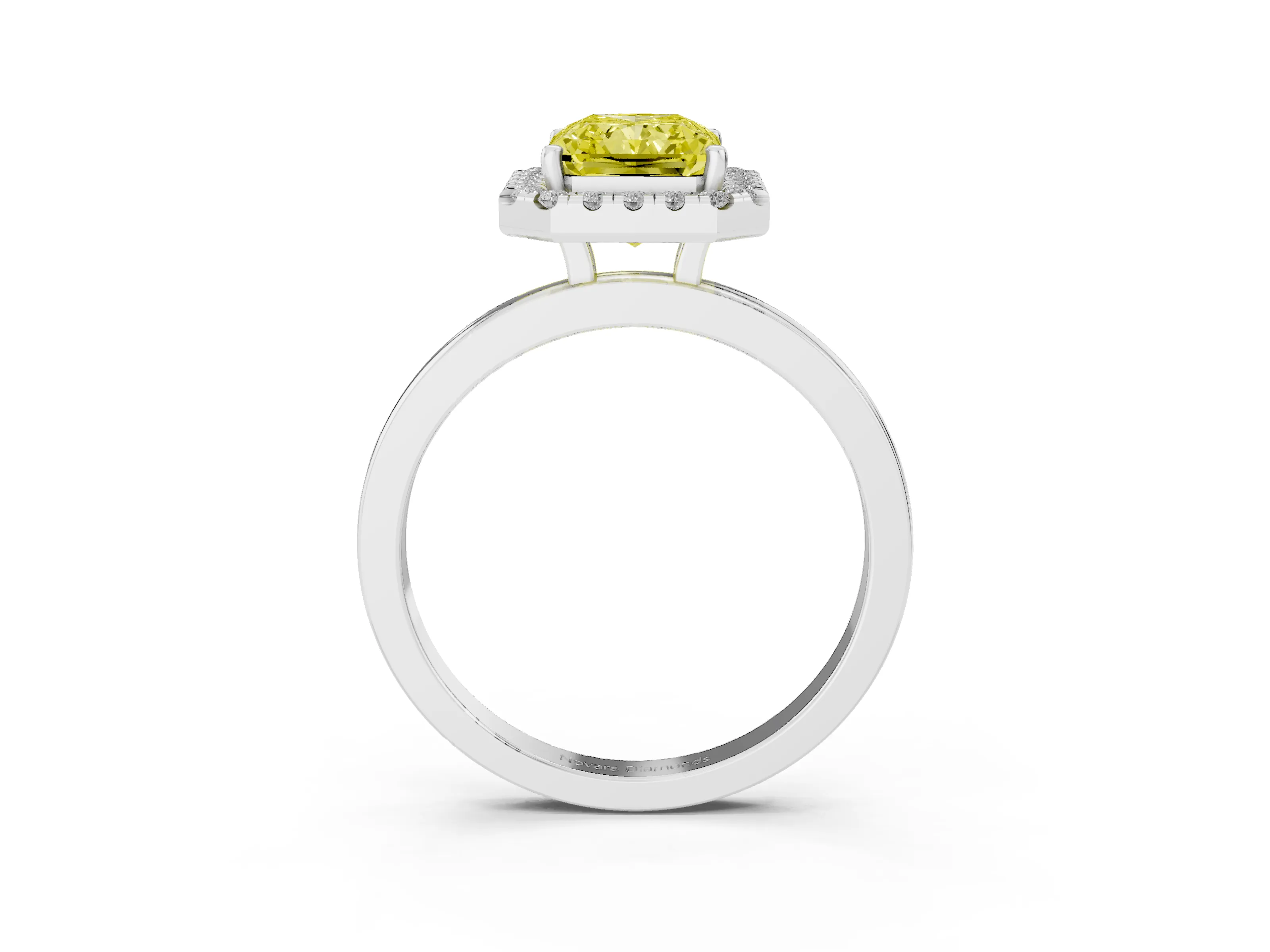 Fancy Yellow Radiant Cut Diamond Halo Solitaire Ring Set in Platinum with Pavé Band and Prong Setting