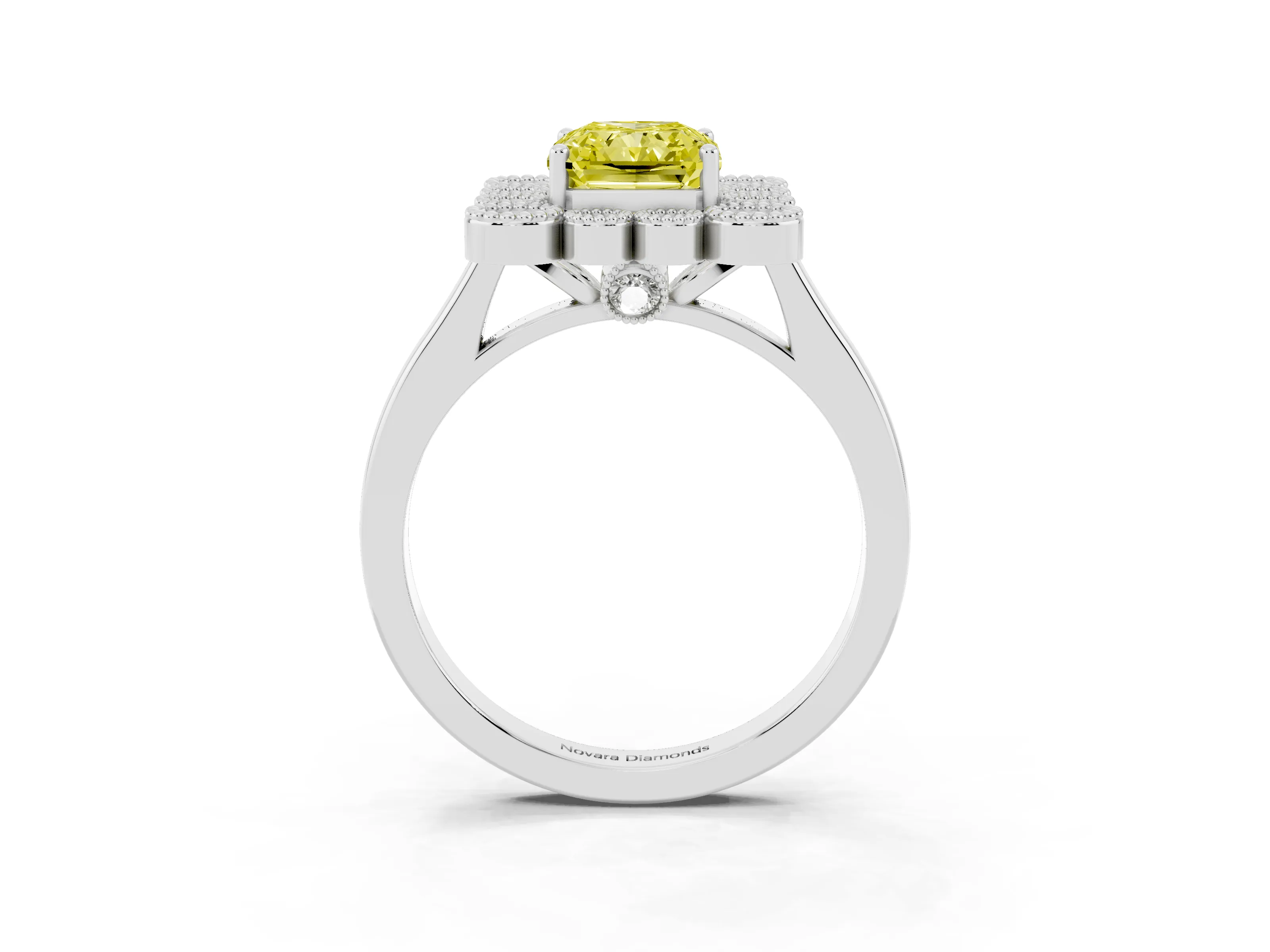 Fancy Yellow Radiant Cut Diamond Cluster Halo Ring Set in White gold with Milgrain Bezel Accents and Plain Band