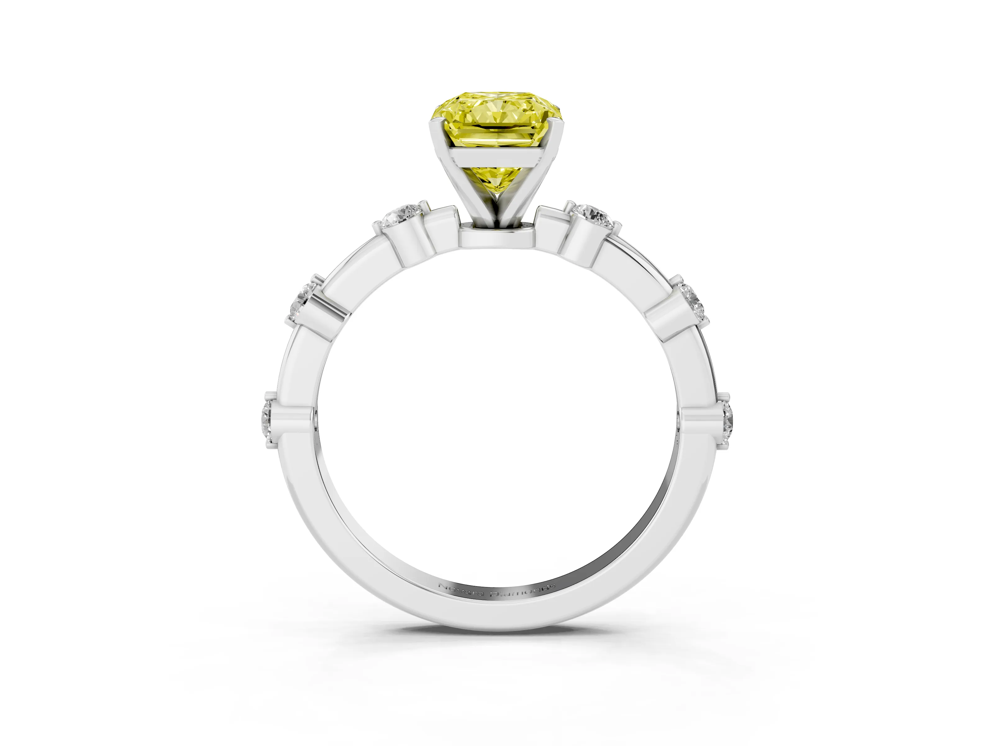 Fancy Yellow Radiant Cut Diamond Solitaire Ring Set in Silver with Bezel Set Side Stones and Prong Setting