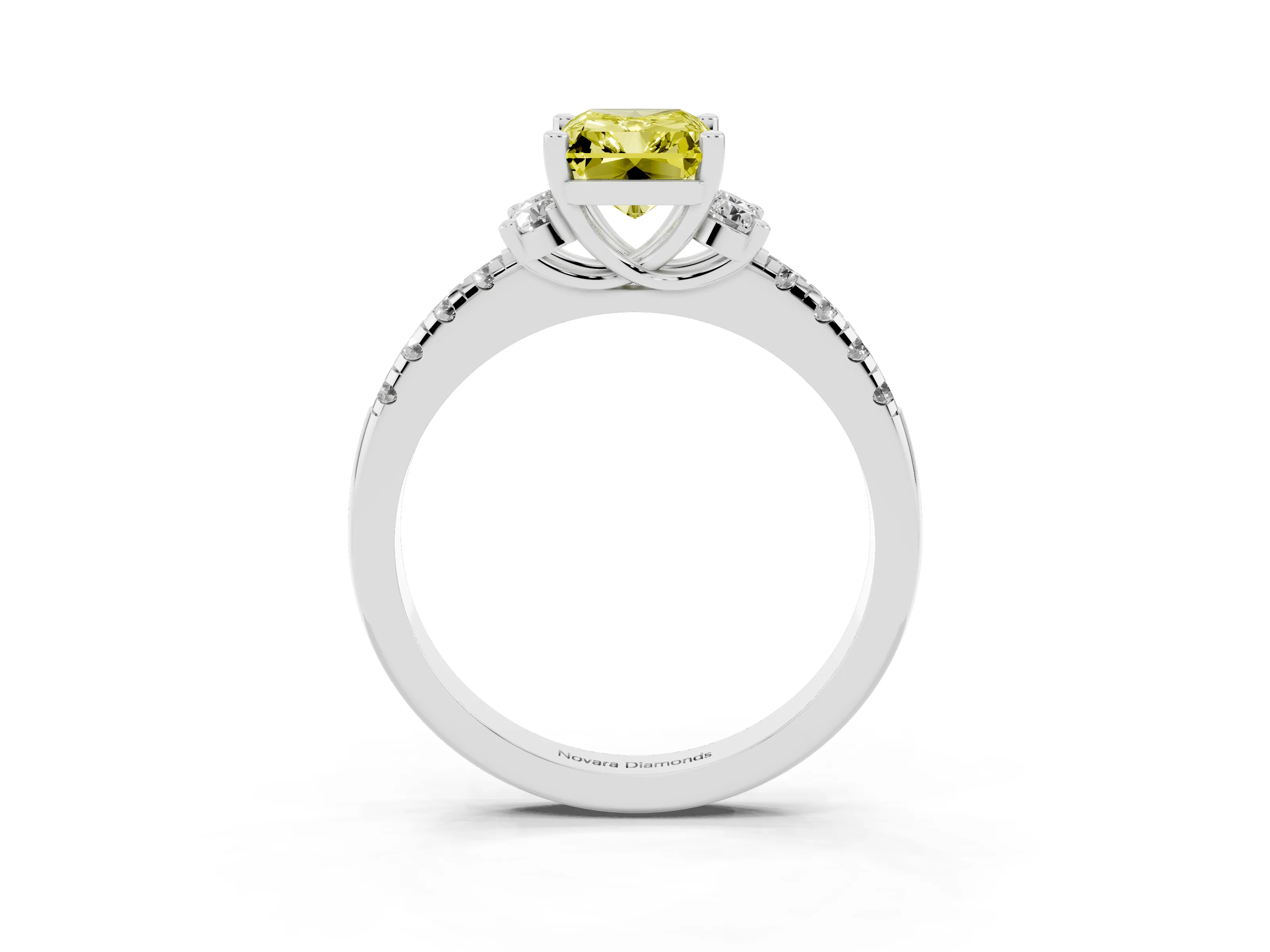 Fancy Yellow Radiant Cut Diamond Three-Stone Pavé Ring Set in Silver with Prong Setting