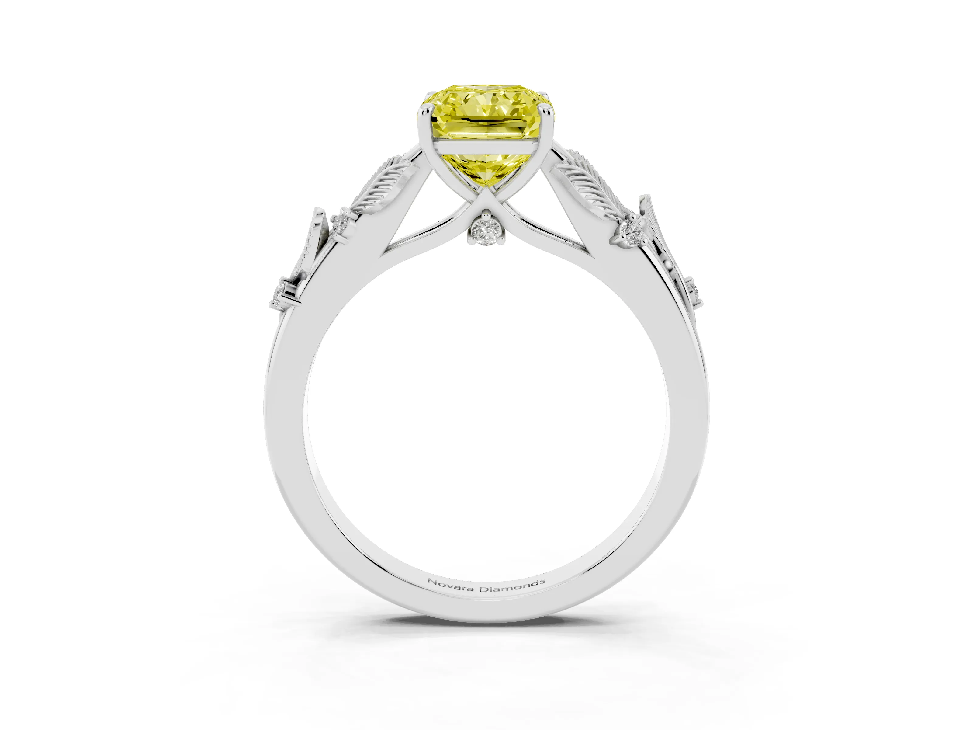 Fancy Yellow Radiant Cut Diamond Solitaire Ring Set in Silver with Leaf Motif Band