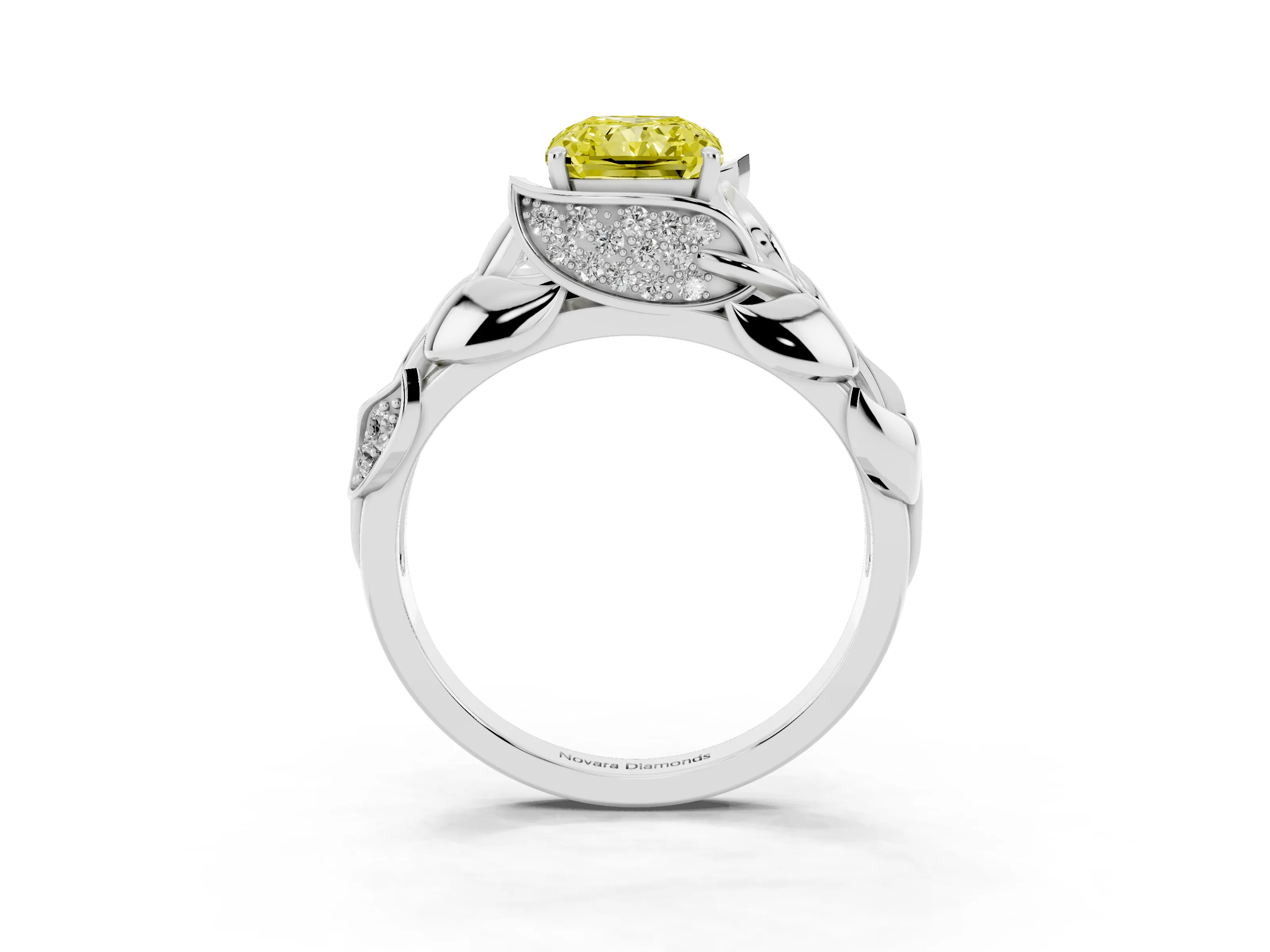 Fancy Yellow Radiant Cut Diamond Leaf-Inspired Engagement Ring Set in Platinum with Round Accents