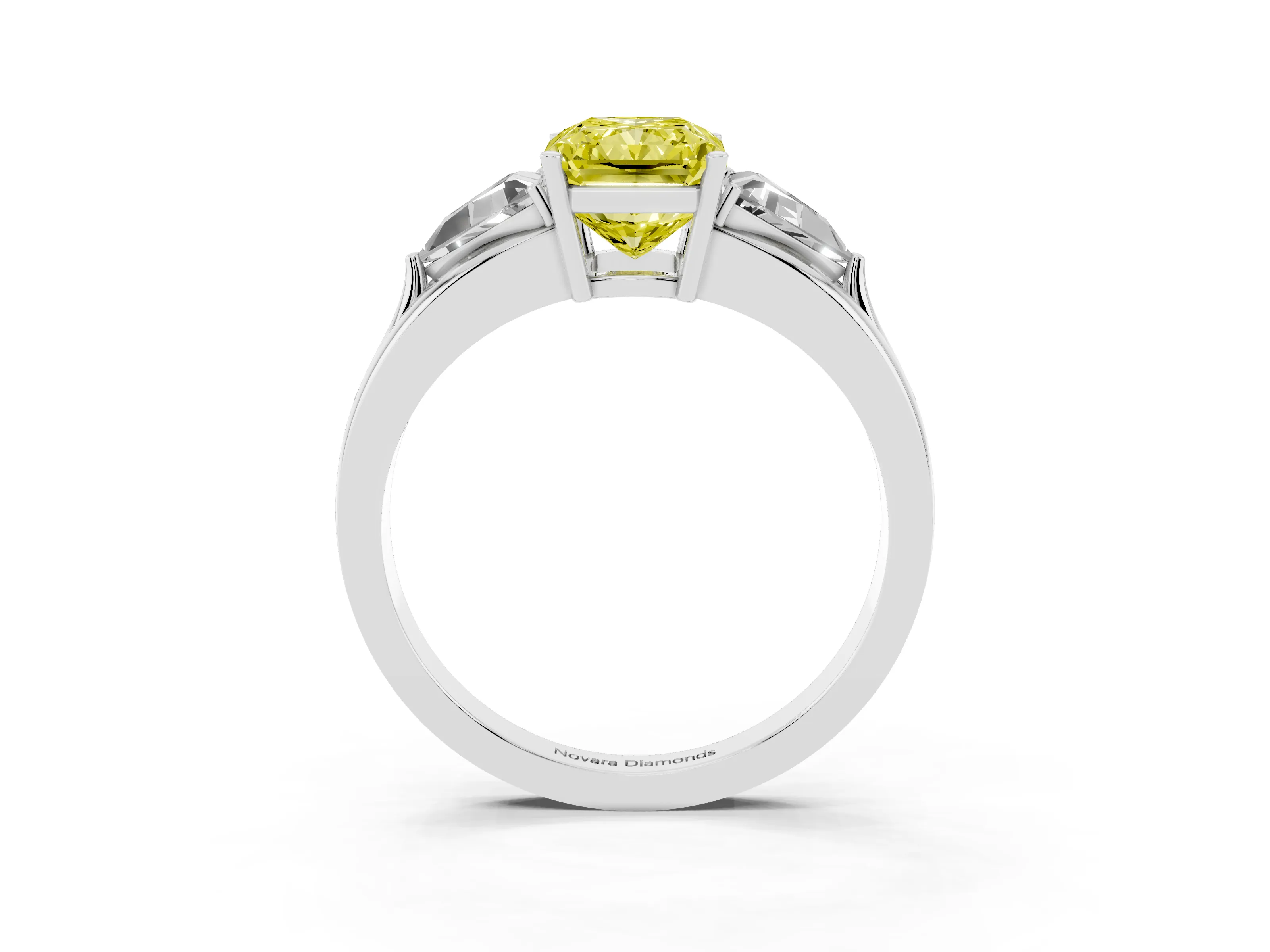Fancy Yellow Radiant Cut Diamond Three-Stone Ring Set in White gold with Trillion Side Stones and Split Shank