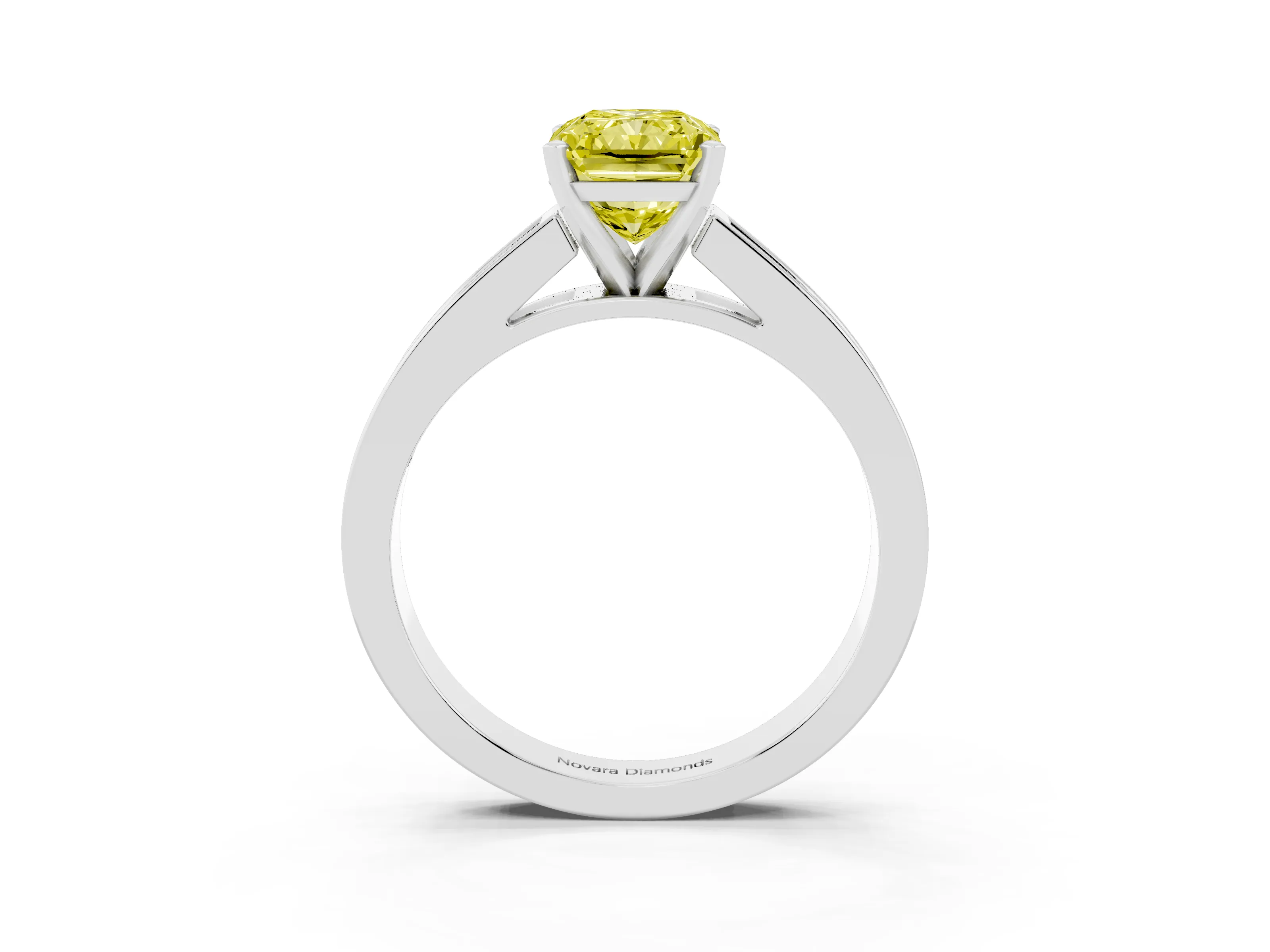 Fancy Yellow Radiant Cut Diamond Solitaire Ring Set in White gold with Channel-Set Band and Prong Setting