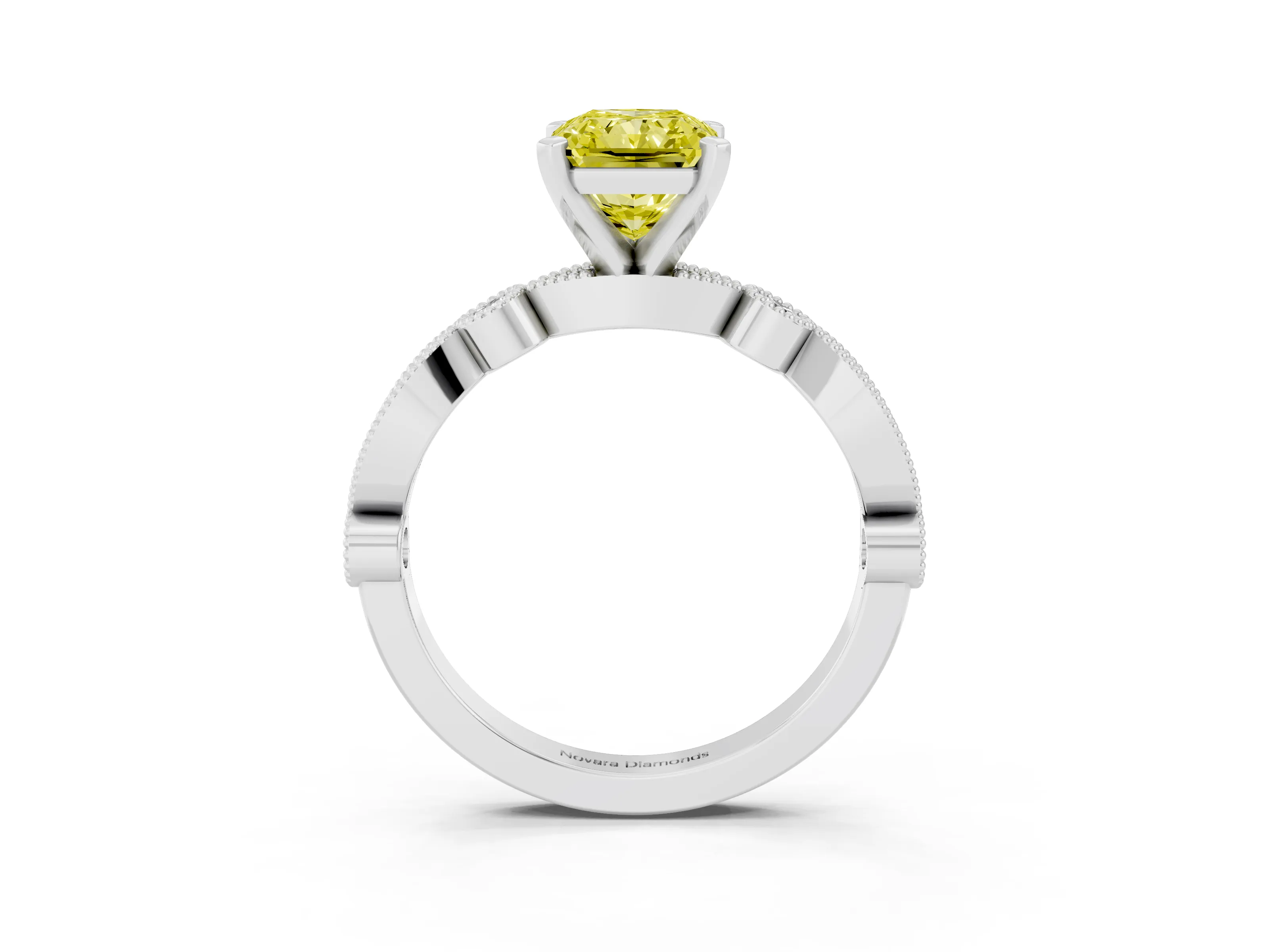 Fancy Yellow Radiant Cut Diamond Solitaire Engagement Ring Set in White gold with Milgrain Bezel Accent Band
