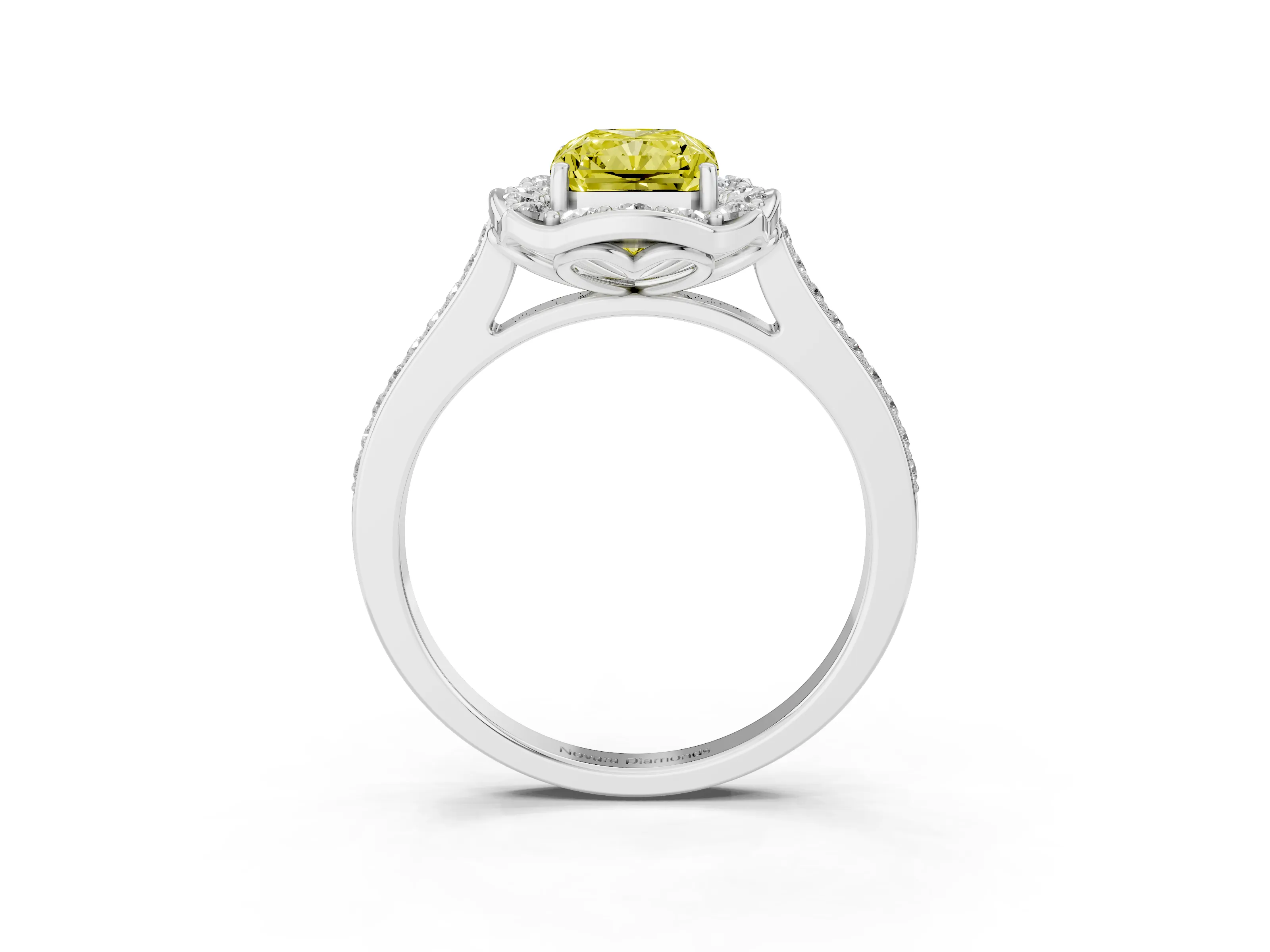 Fancy Yellow Radiant Cut Diamond Halo Ring Set in White gold with Pavé-Lined Shoulders and Prong Setting