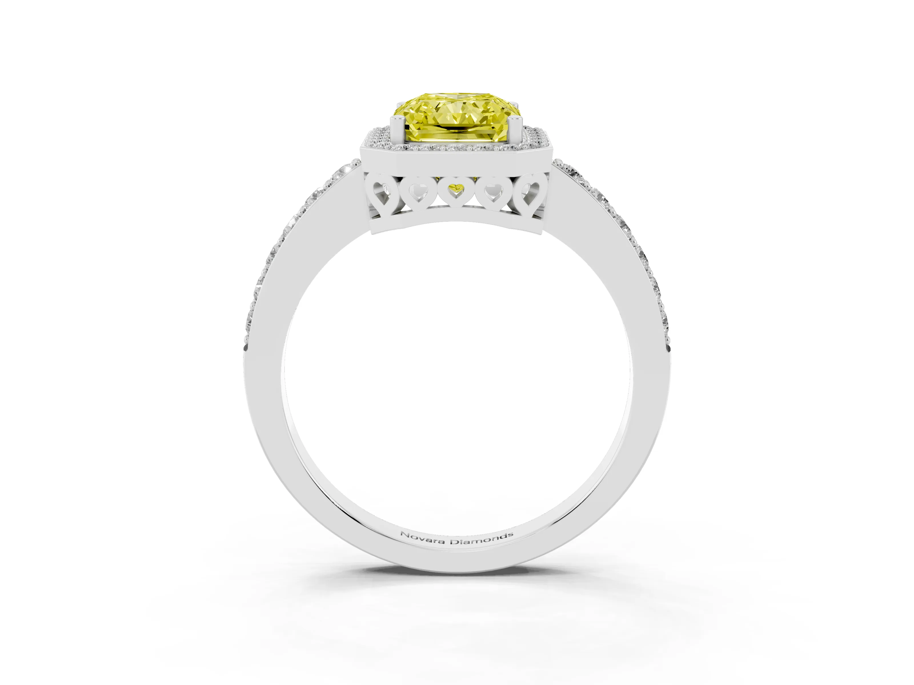 Fancy Yellow Radiant Cut Diamond Halo Ring Set in White gold with Pavé-Setting Band and Open Prong Center