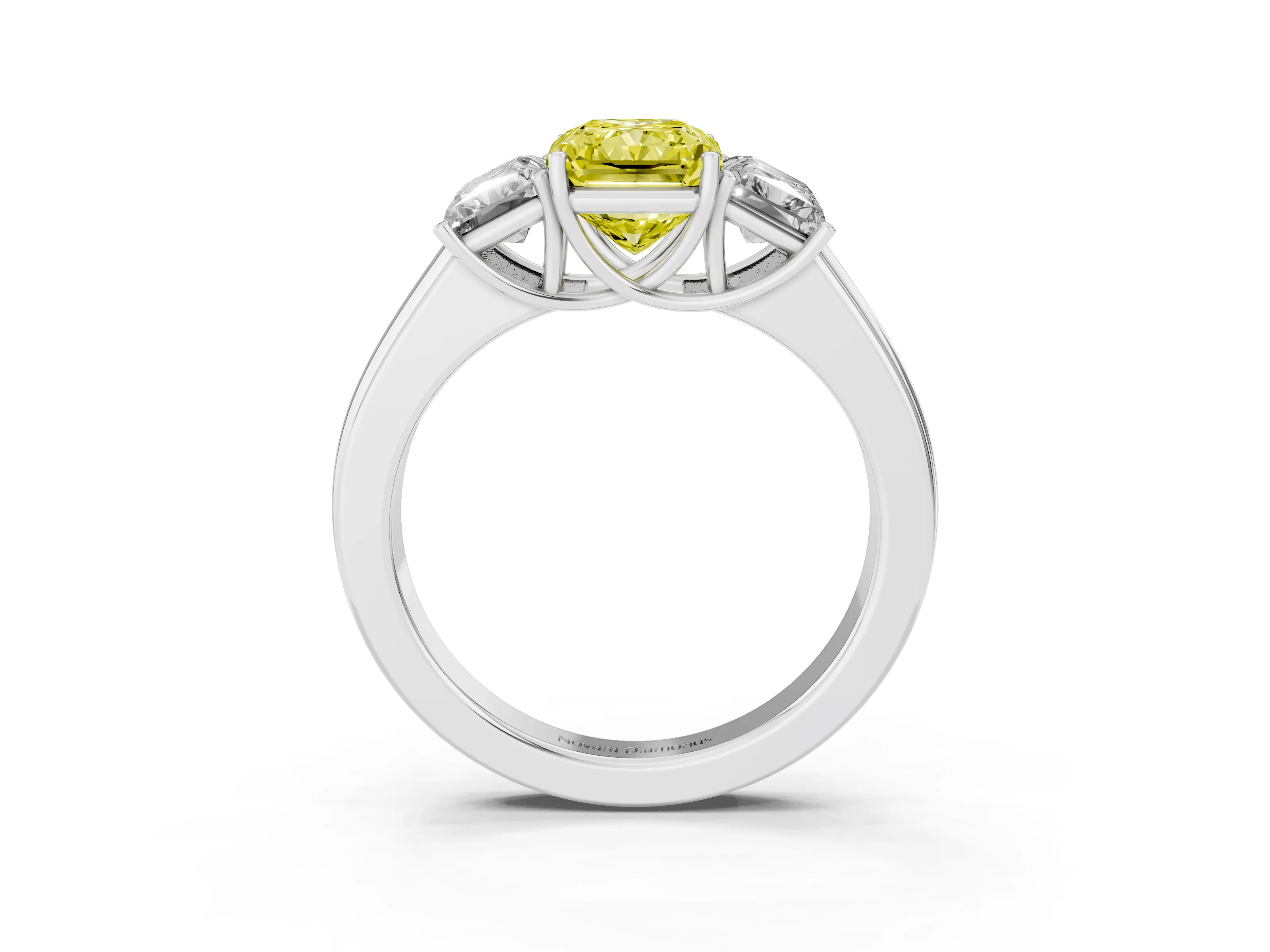 Fancy Yellow Three-Stone Radiant Cut Diamond Ring Set in Silver with Matching Prong Settings and Plain Band
