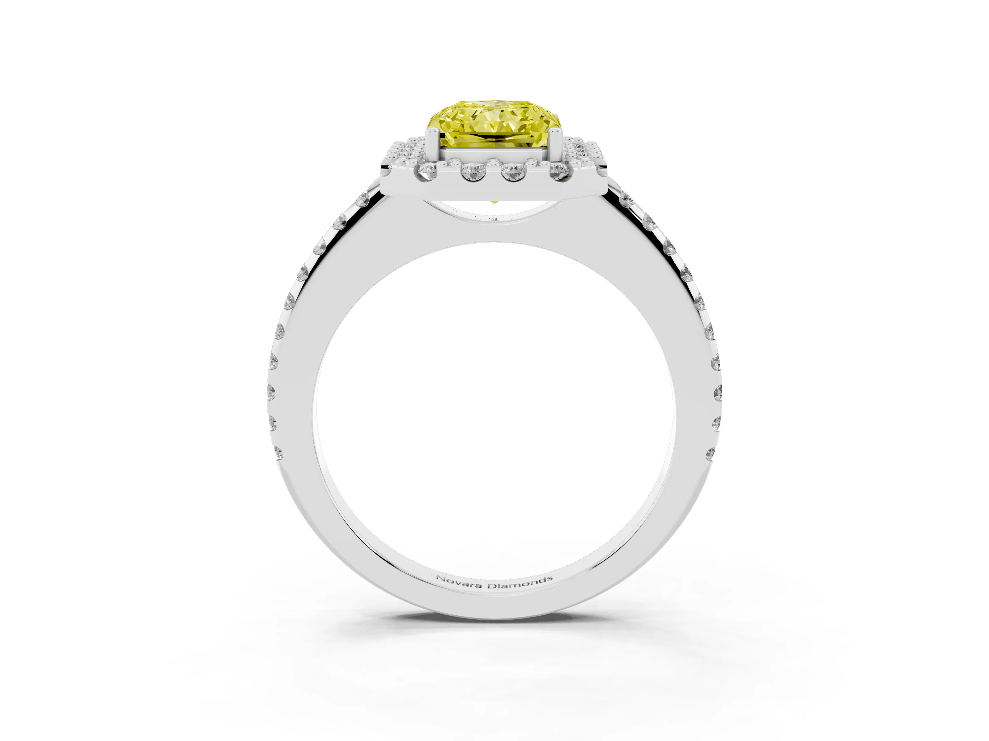 Fancy Yellow Radiant Cut Diamond Pavé Halo Ring Set in Platinum with Prong Setting