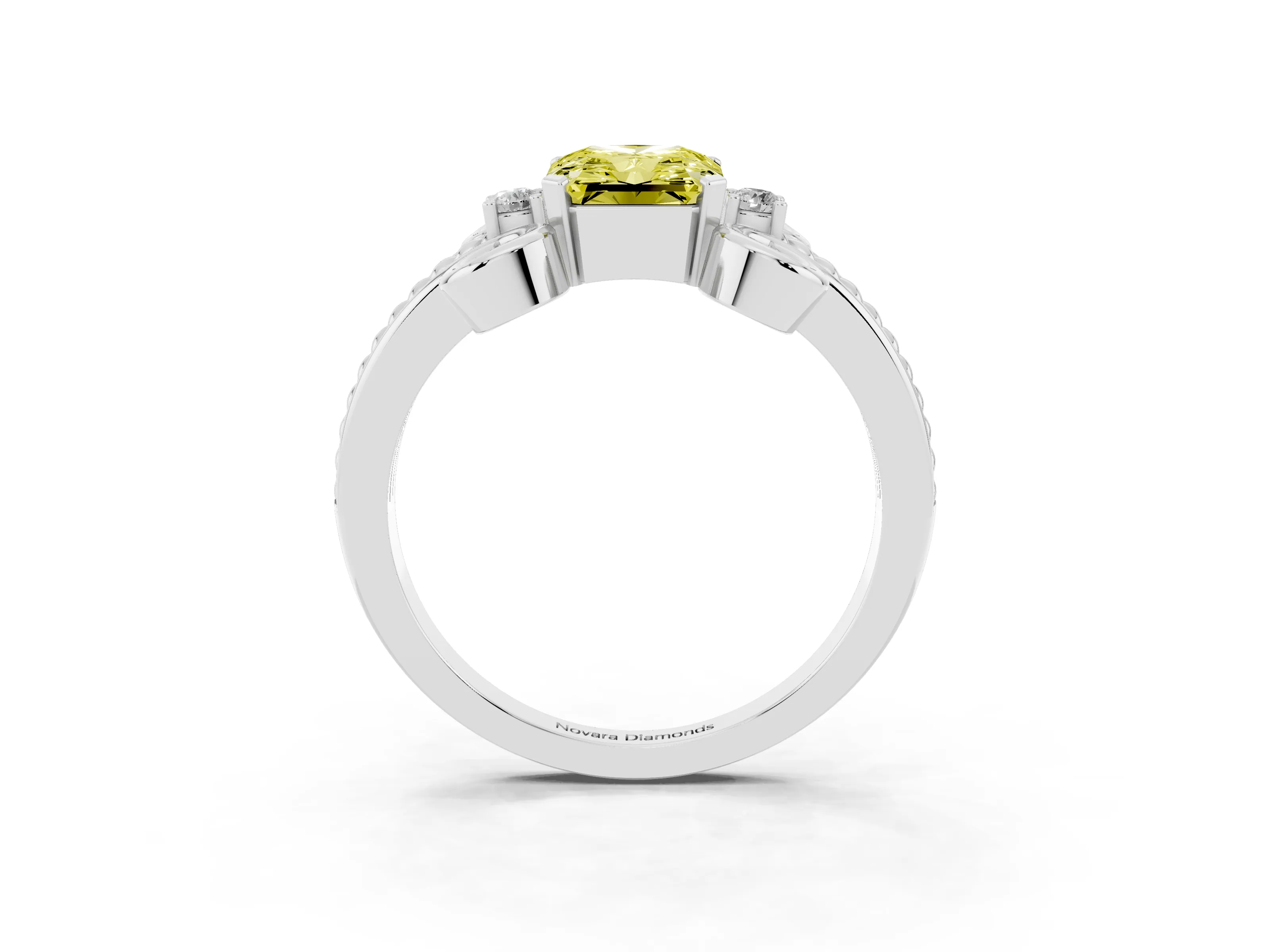 Fancy Yellow Radiant Cut Diamond Twisted Band Solitaire Ring Set in Platinum with Scroll Prongs