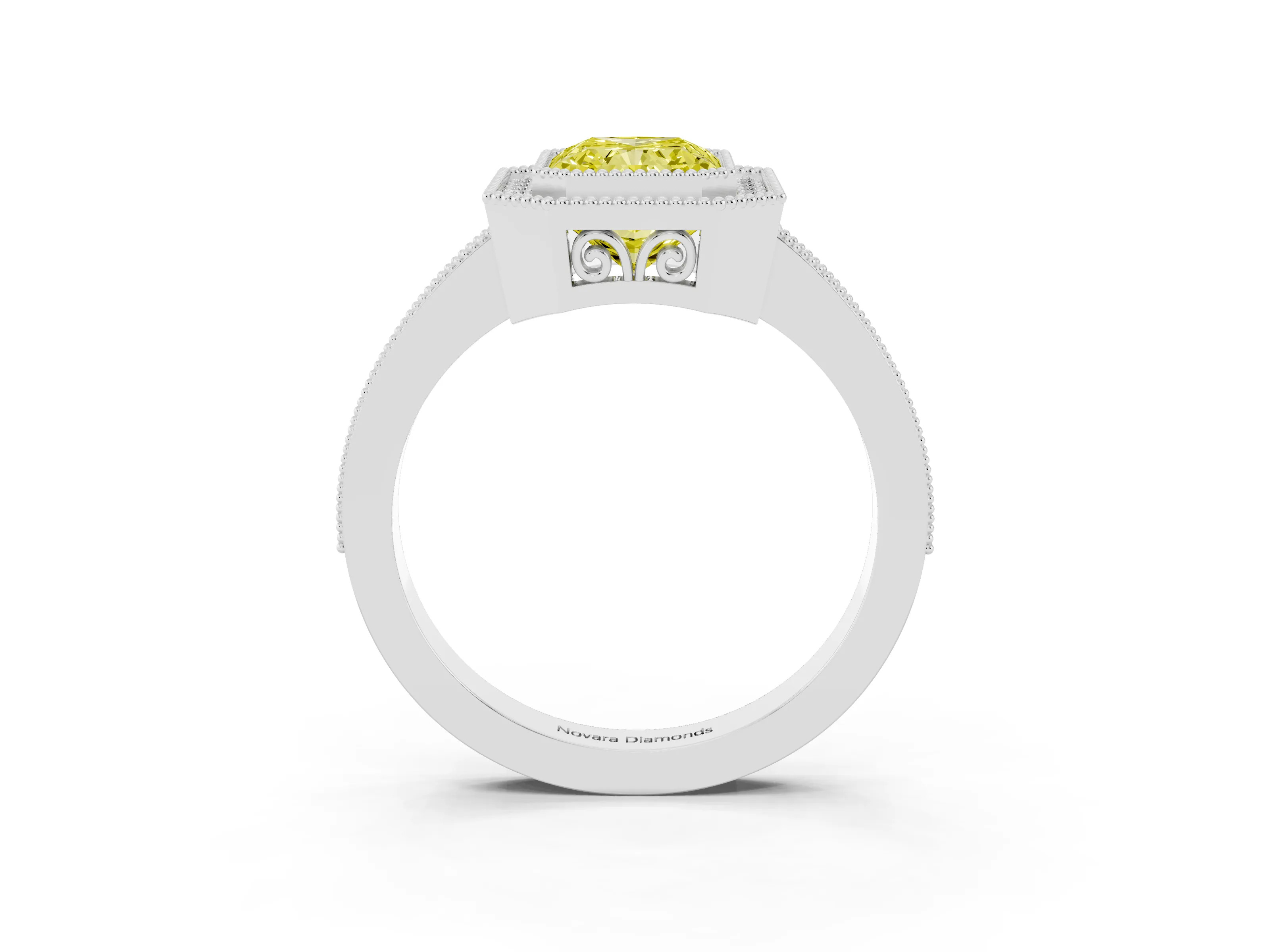 Fancy Yellow Radiant Cut Diamond Halo Ring Set in White gold with Pavé Band and Milgrain-Edged Prongs