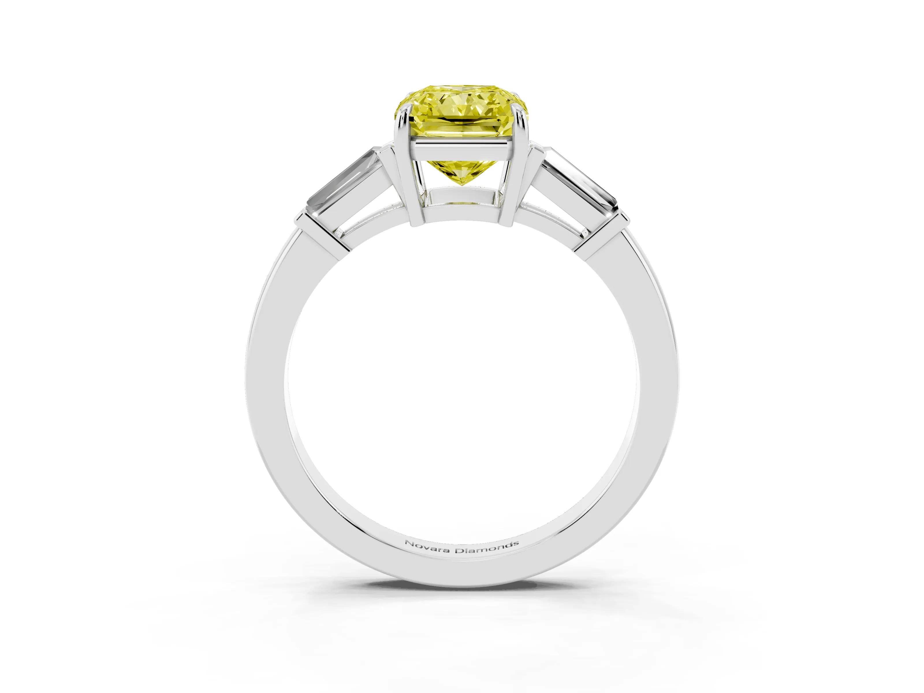 Fancy Yellow Radiant Cut Diamond Three-Stone Ring Set in Platinum with Tapered Baguette Side Stones and Prong Setting