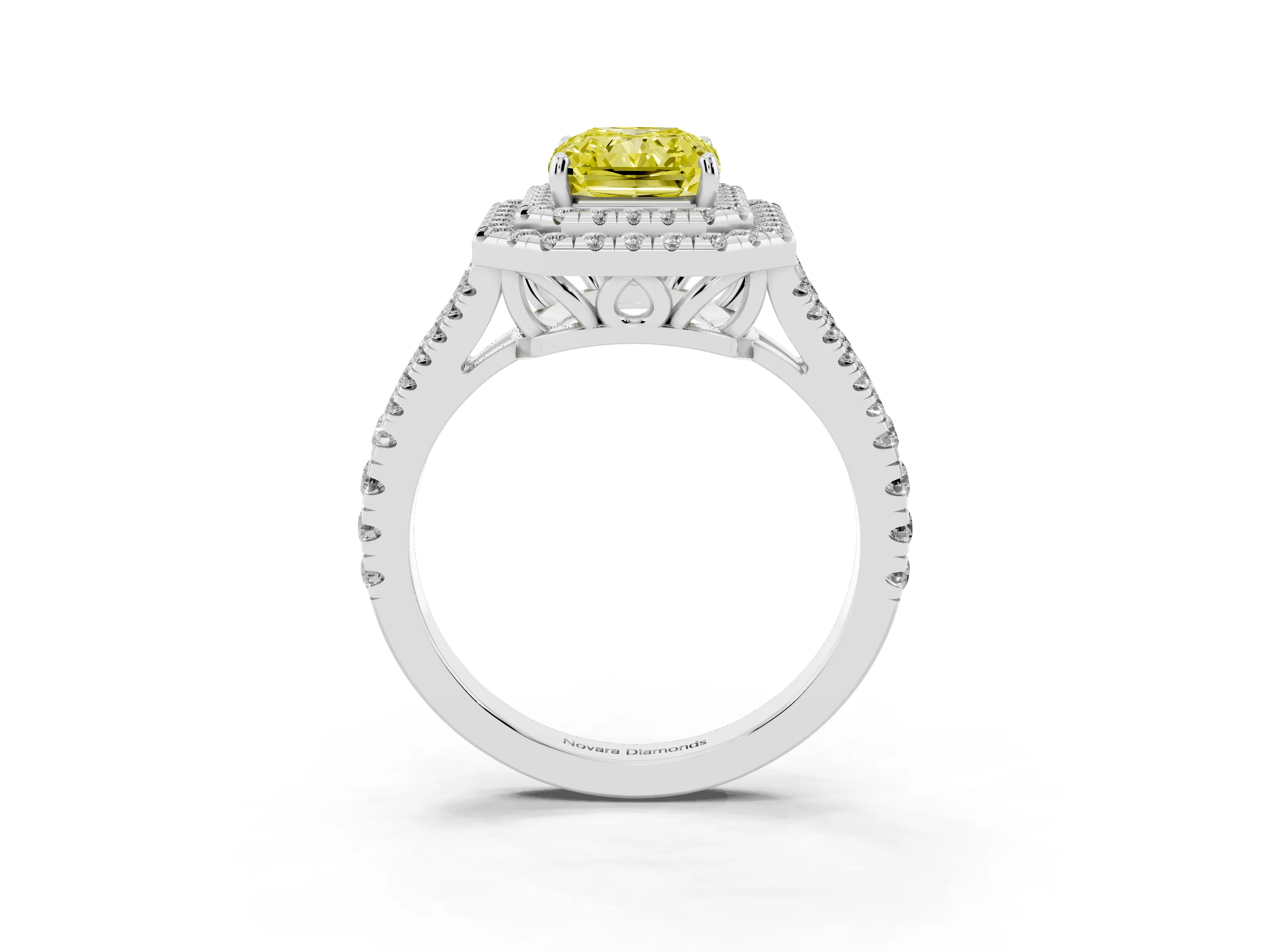 Fancy Yellow Radiant Cut Diamond Double Halo Ring Set in White gold with Pavé Band