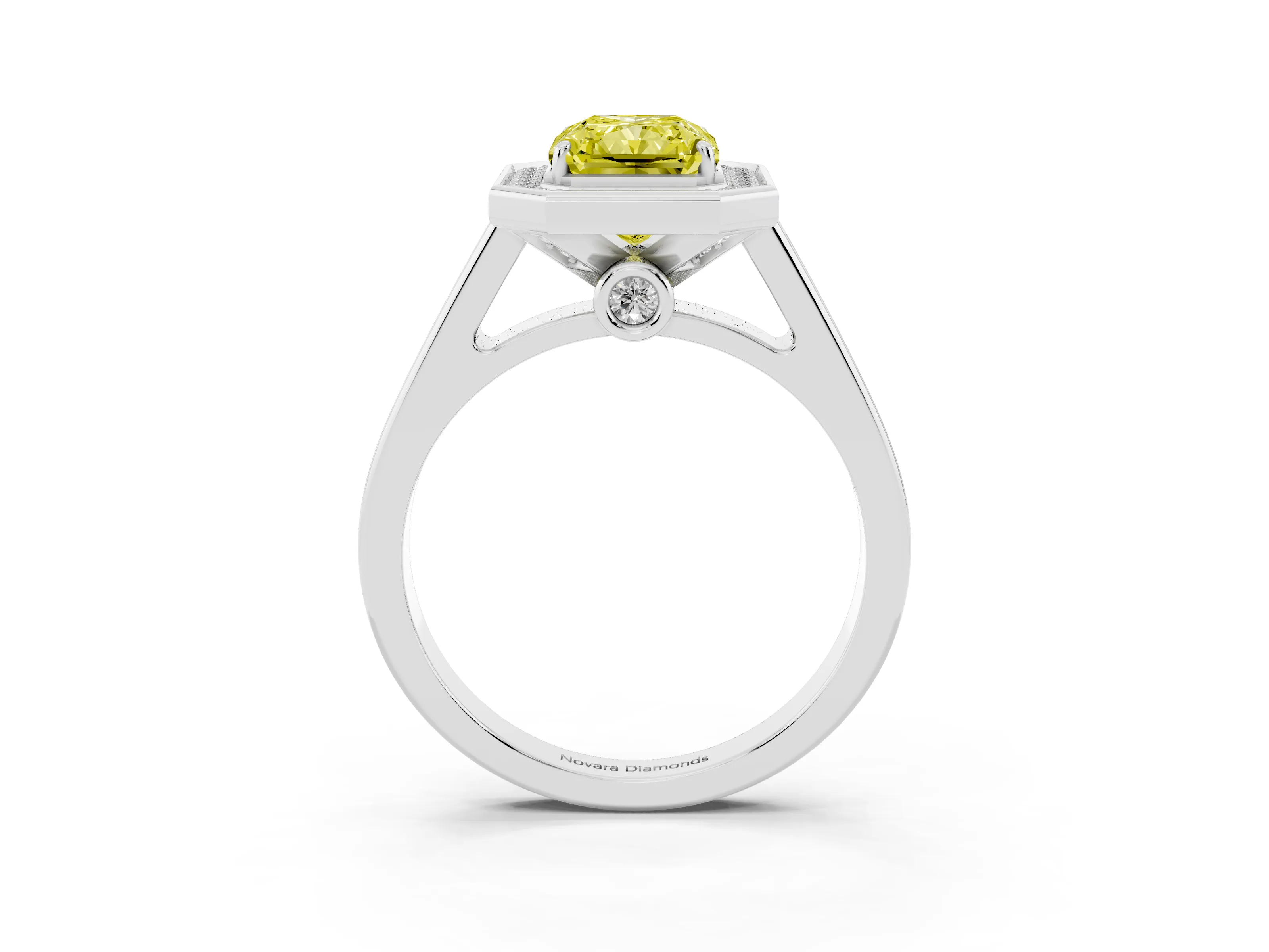 Fancy Yellow Radiant Cut Diamond Halo Solitaire Ring Set in Silver with Pavé Band and Bezel Setting