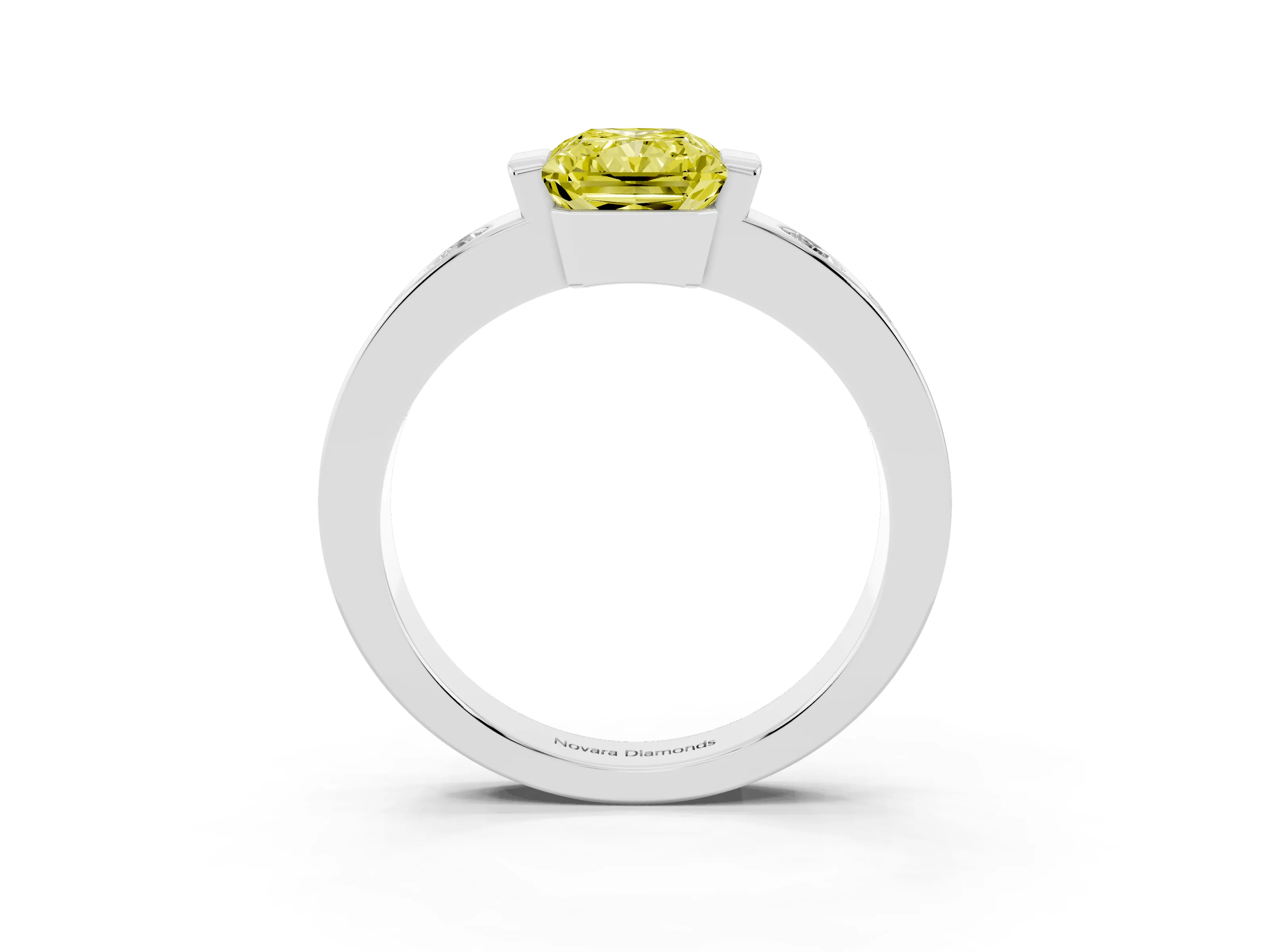 Fancy Yellow Radiant Cut Diamond Channel-Set Band Ring Set in Platinum with Bezel Prong Setting