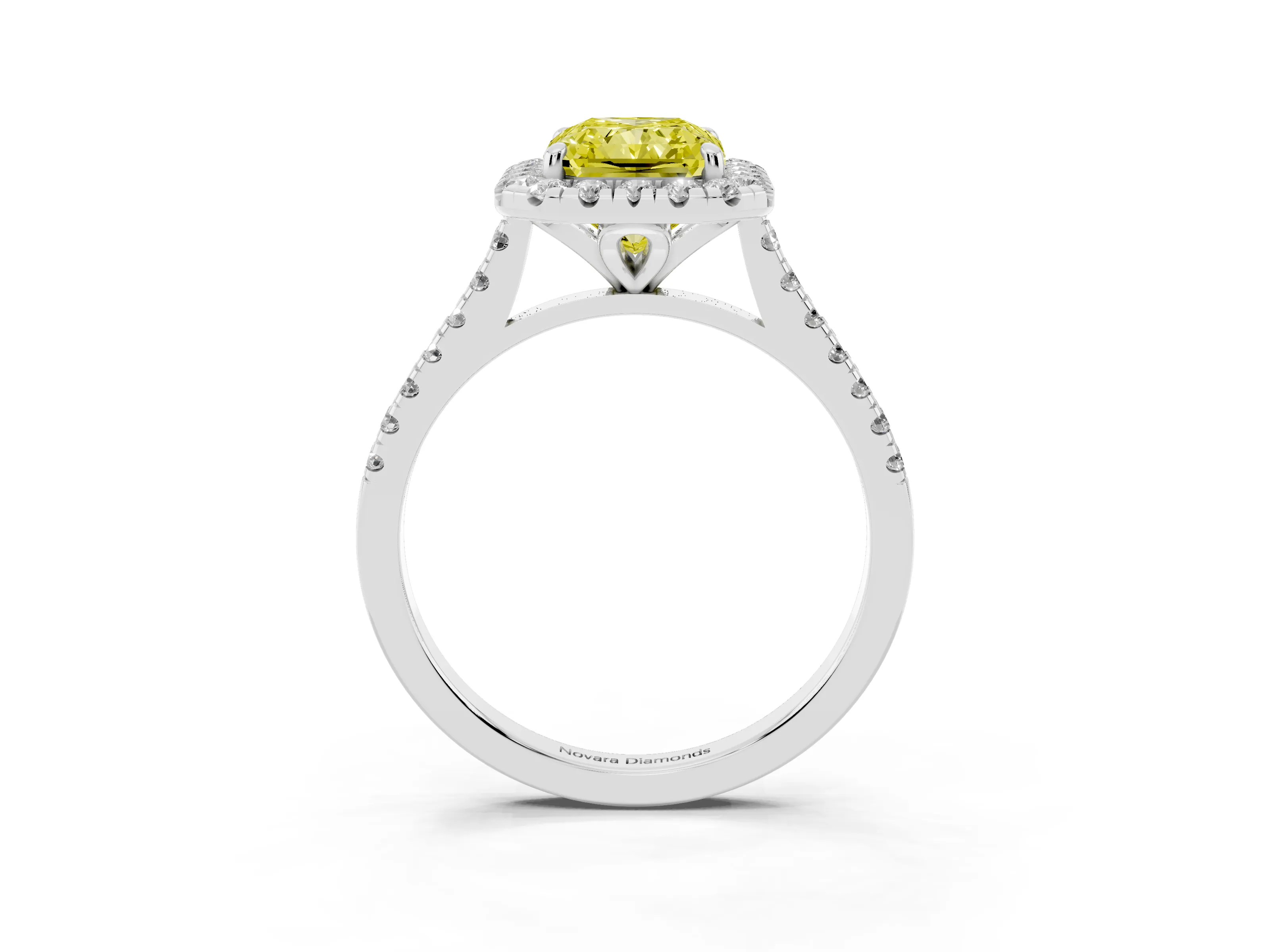 Fancy Yellow Radiant Cut Diamond Cushion Halo Ring Set in White gold with Pavé Band