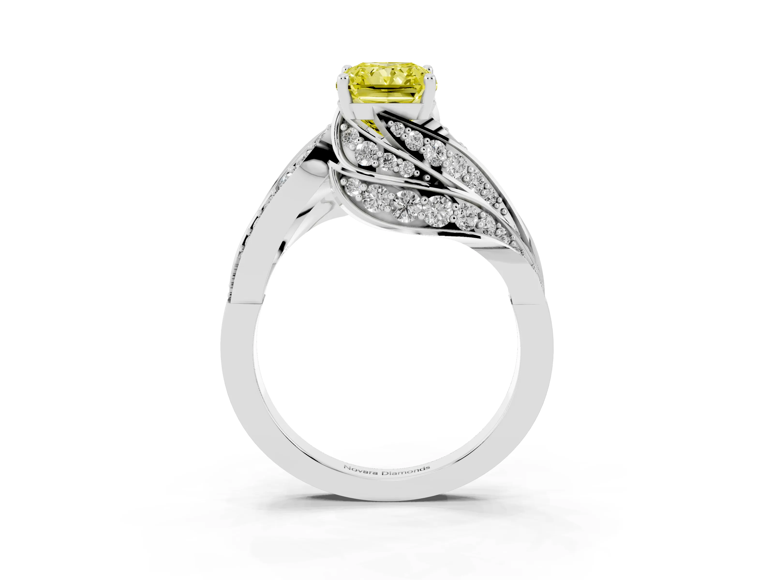Fancy Yellow Radiant Cut Diamond Solitaire Ring Set in Platinum with Layered Twist Pavé Band