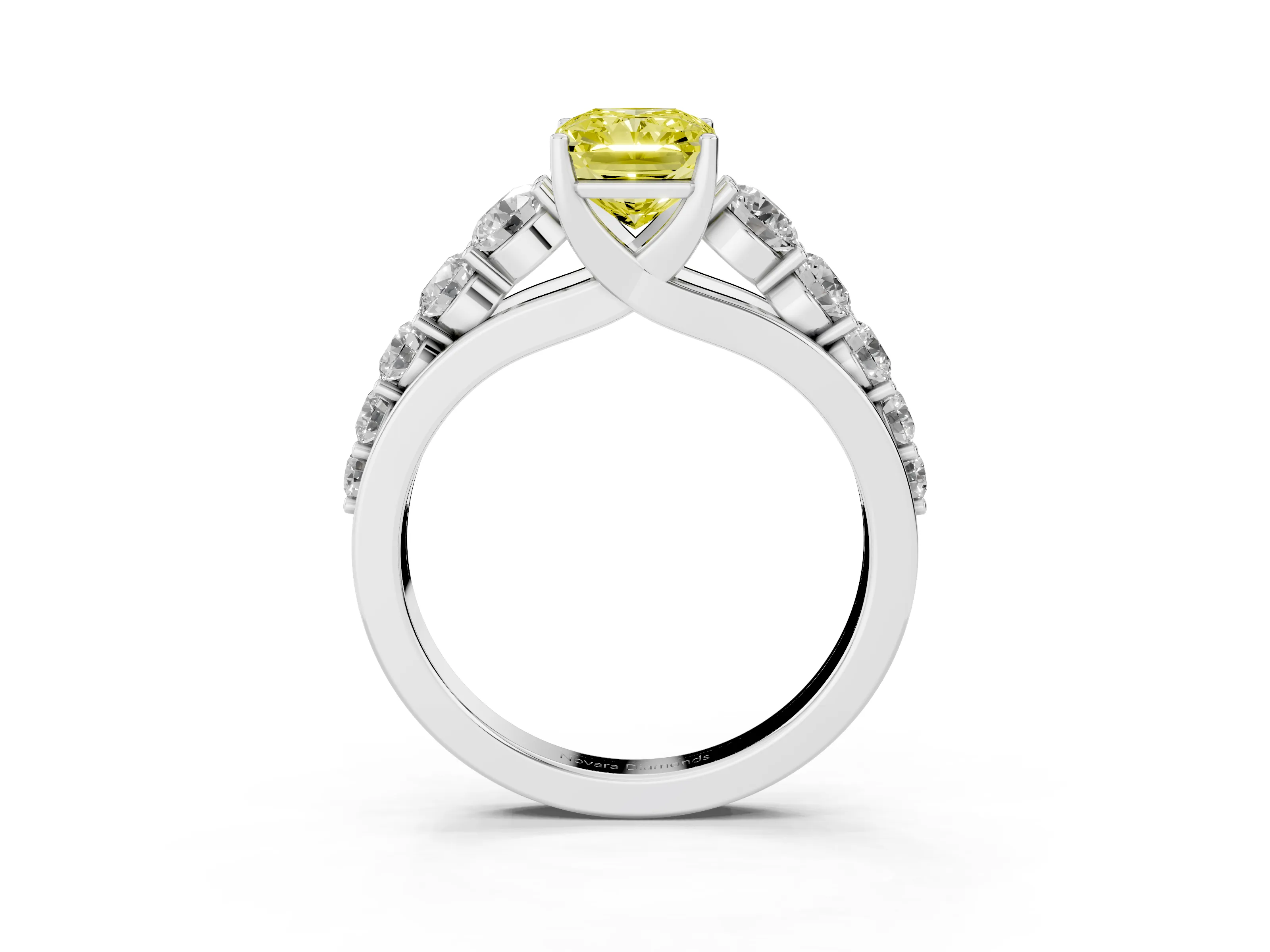Fancy Yellow Radiant Cut Diamond Solitaire Ring Set in Platinum with Pavé-Set Band and Prong Setting