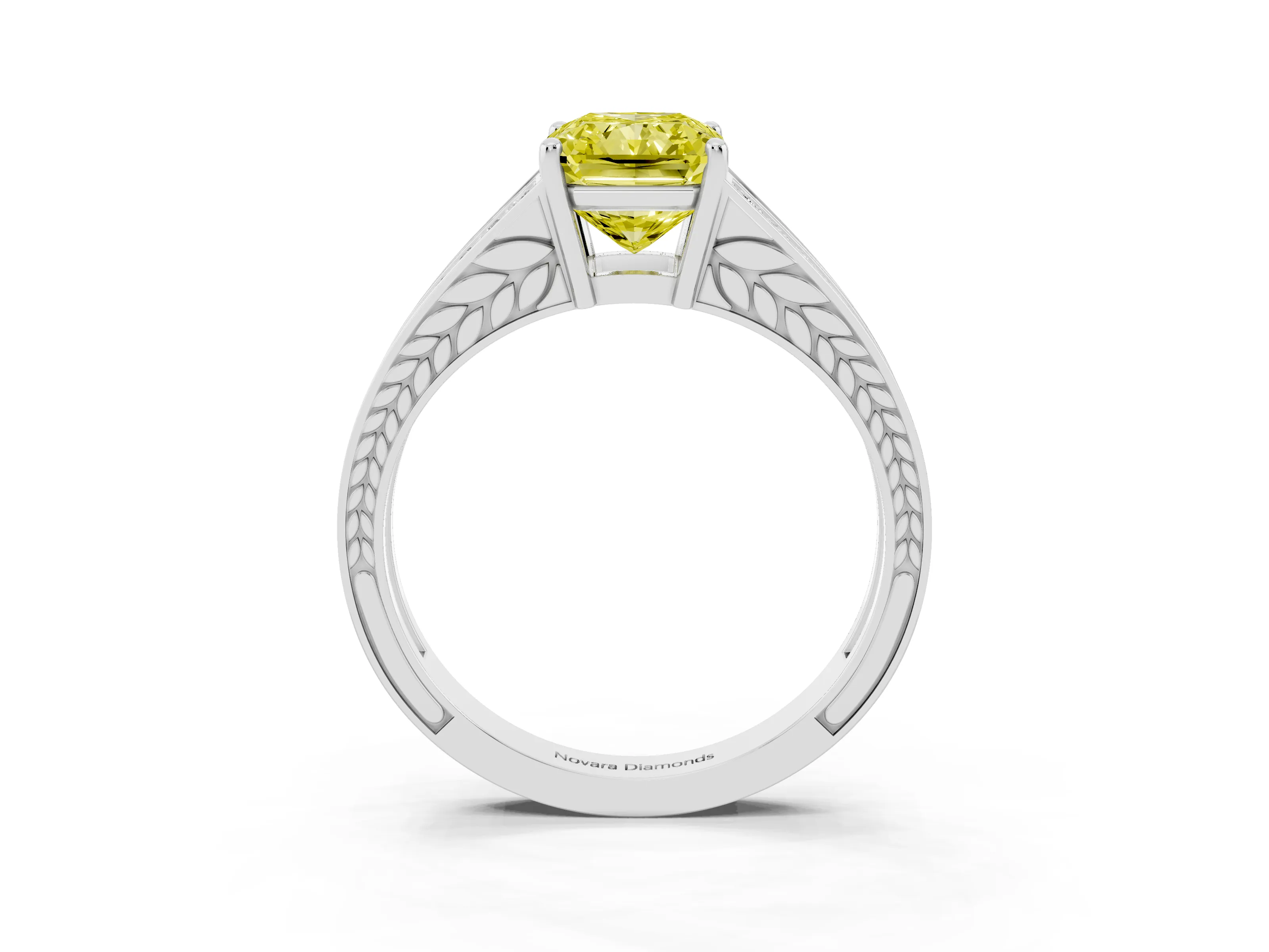 Fancy Yellow Radiant Cut Diamond Split Shank Ring Set in Platinum with Pavé Band and Prong Setting