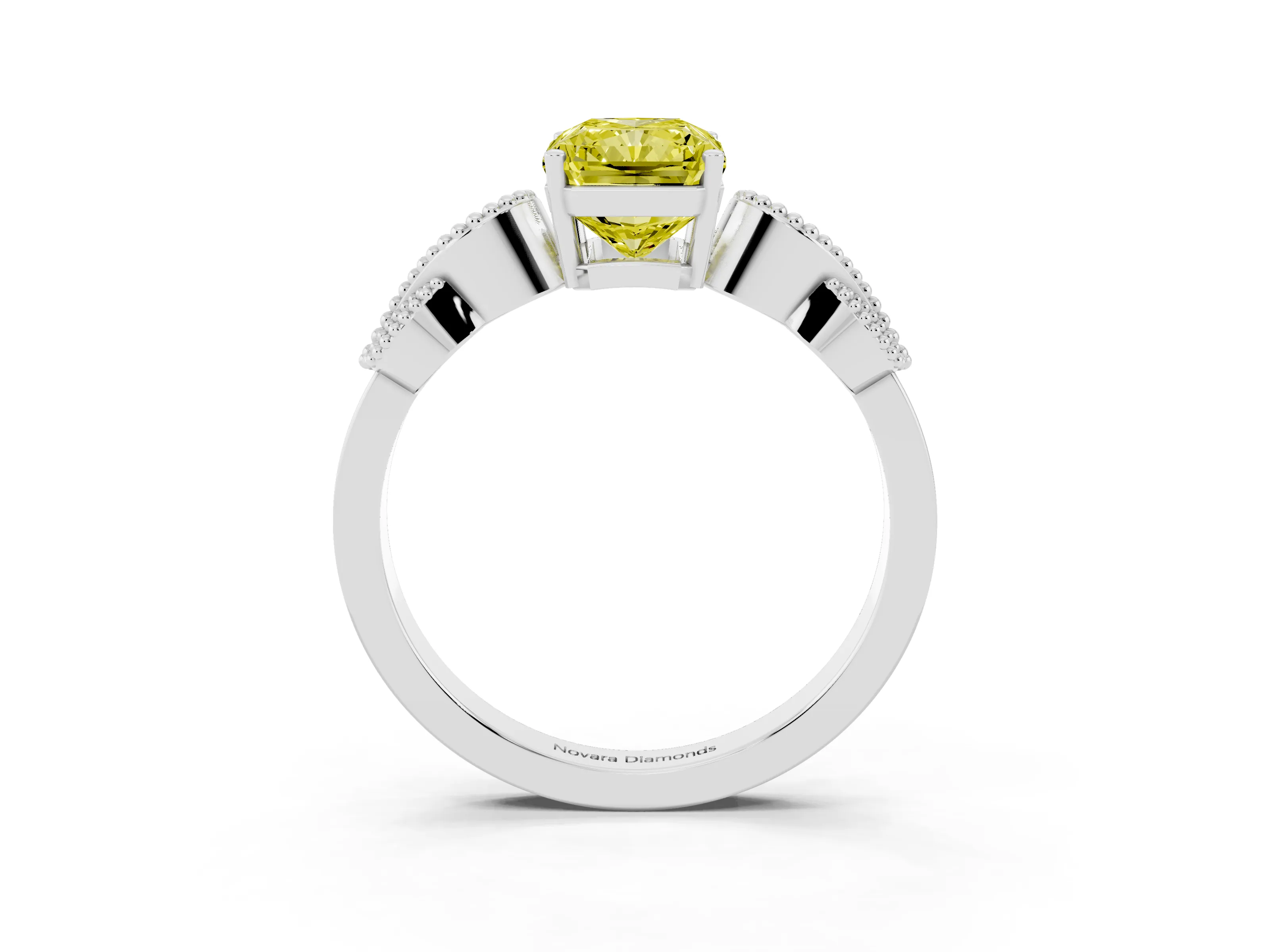 Fancy Yellow Radiant Cut Diamond Milgrain Leaf Band Solitaire Ring Set in Platinum with Accent Stones and Prong Setting