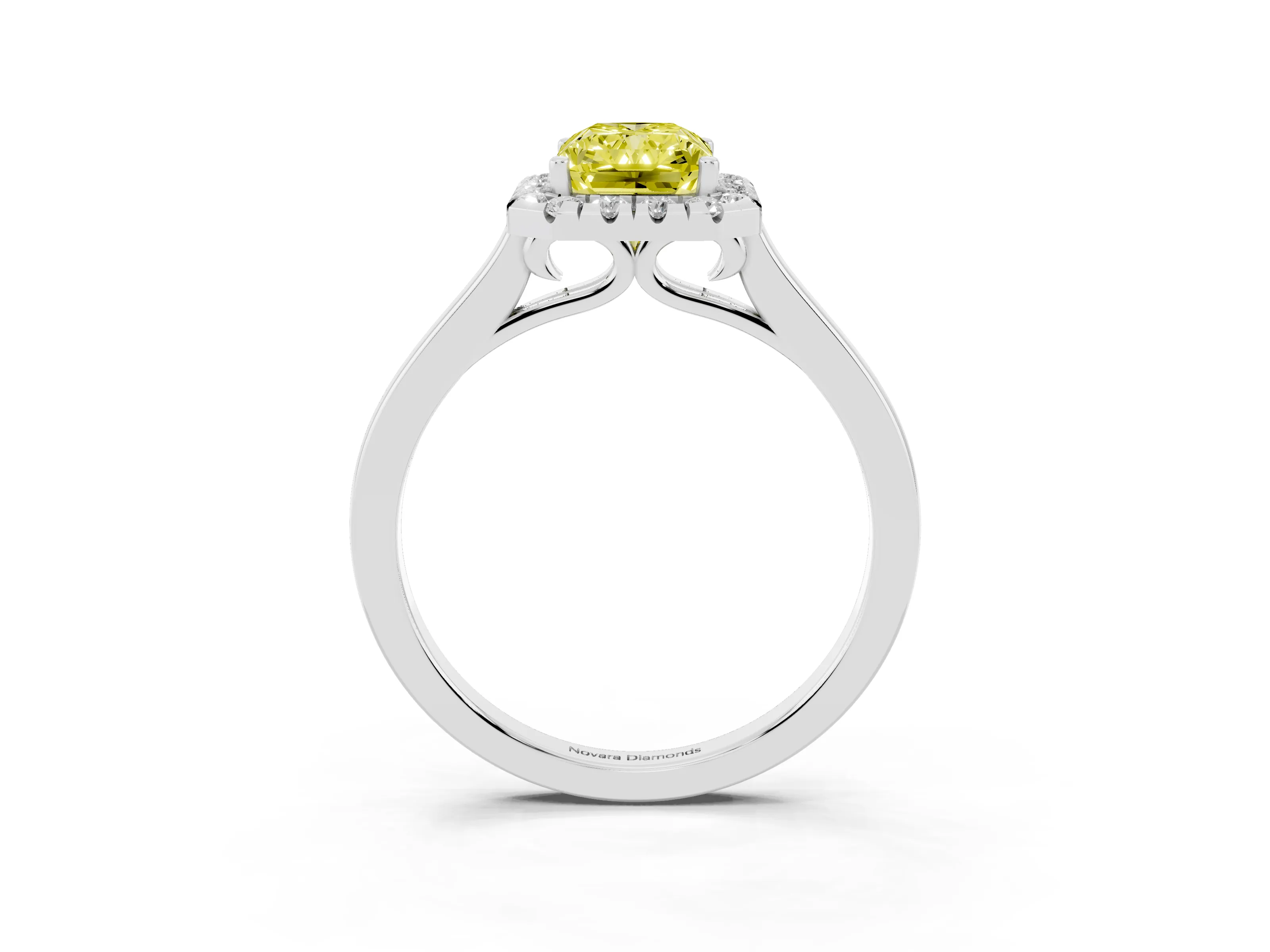 Fancy Yellow Radiant Cut Halo Round Diamond Solitaire Ring Set in White gold with Pavé Band and Prong Setting