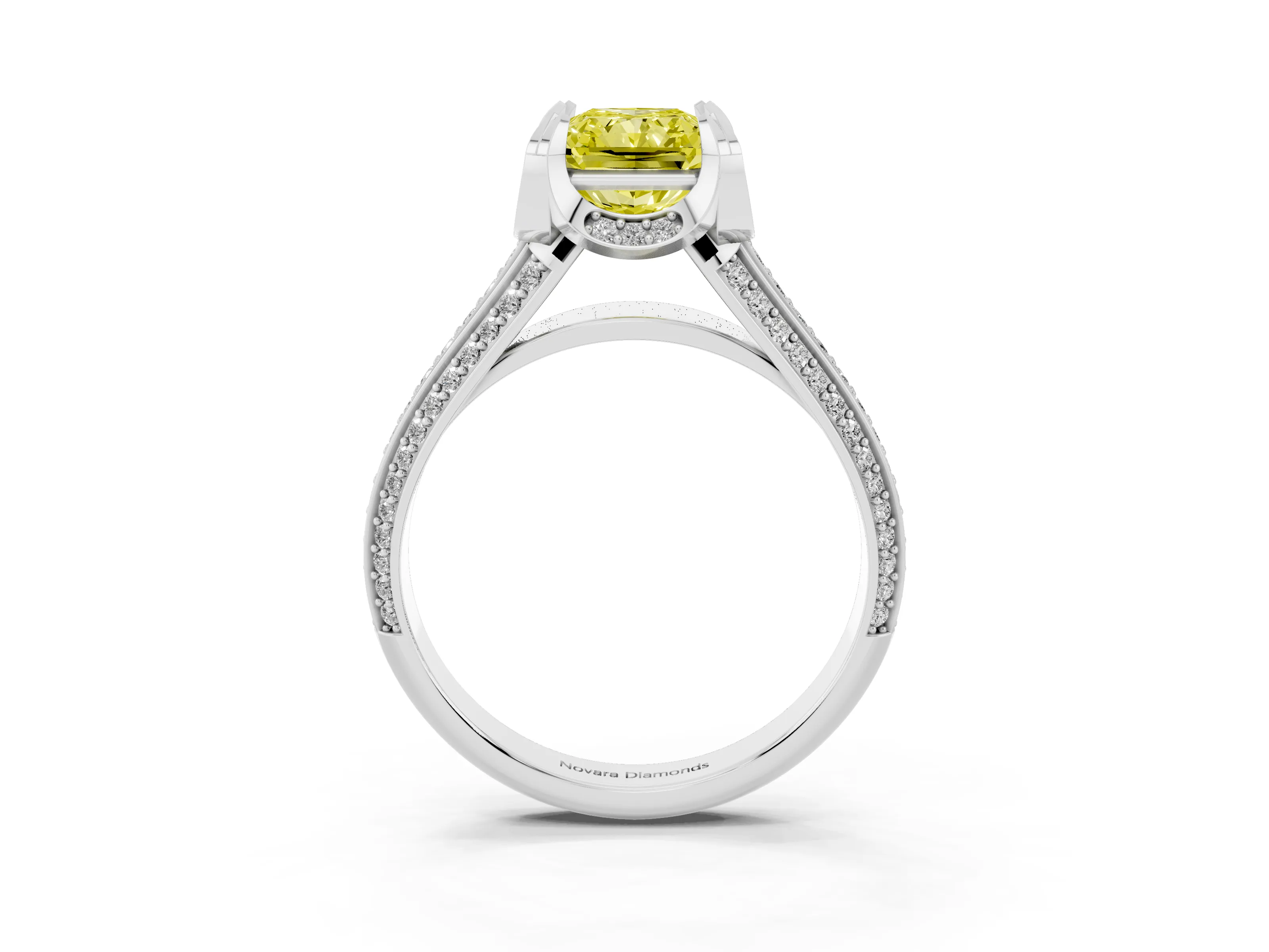 Fancy Yellow Radiant Cut Diamond Pavé Split Shank Solitaire Ring Set in Silver with Prong Setting