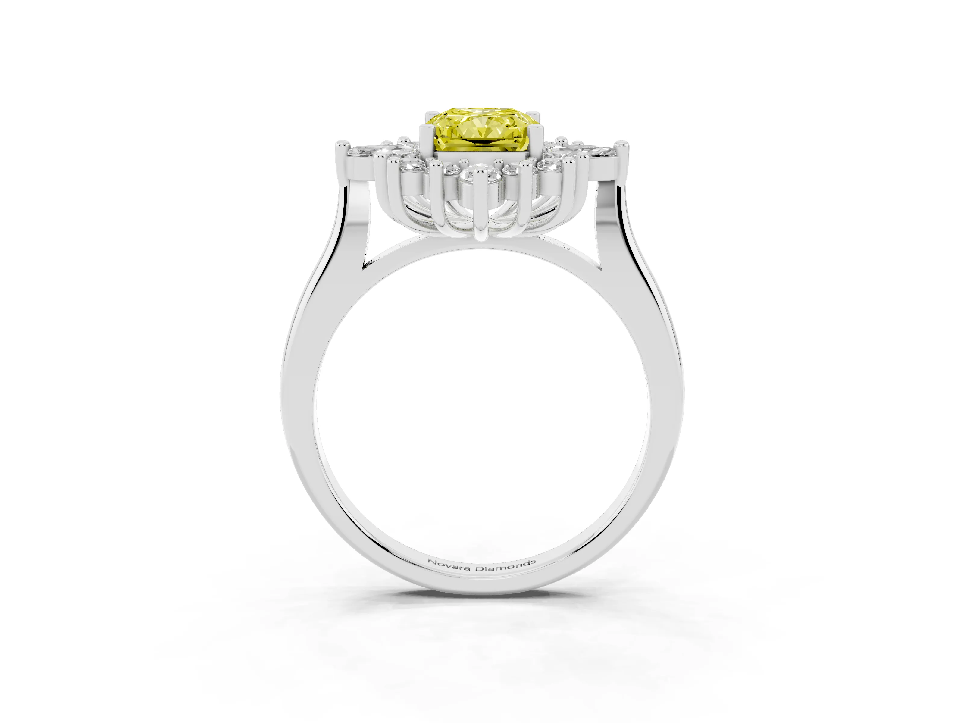 Fancy Yellow Radiant Cut Diamond Cluster Halo Ring Set in Platinum with Marquise and Round Accents