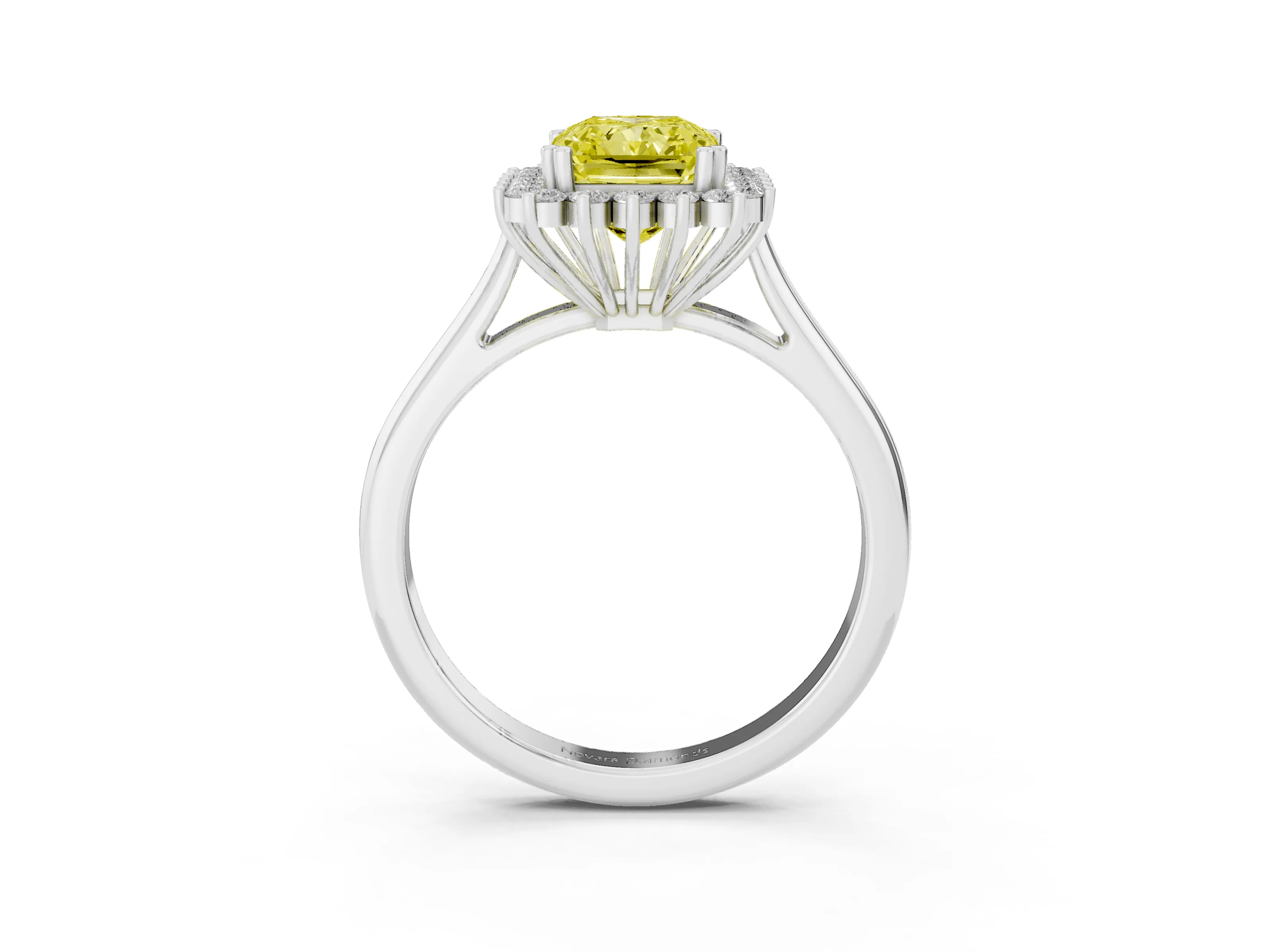 Fancy Yellow Radiant Cut Diamond Halo Ring Set in Silver with Plain Solitaire Band and Prong Setting