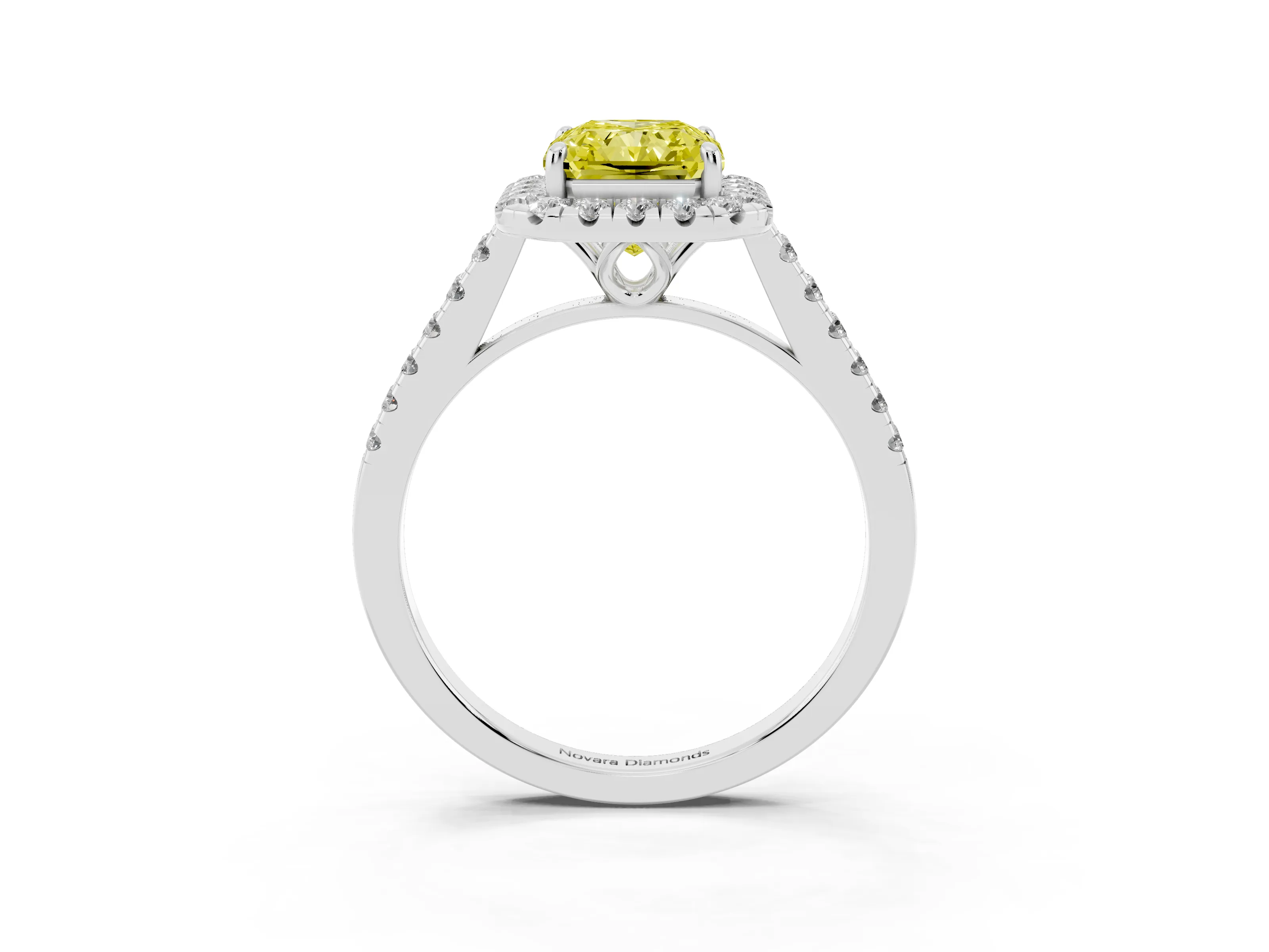 Fancy Yellow Radiant Cut Diamond Pavé Halo Engagement Ring Set in White gold with Pavé Band and Prong Setting