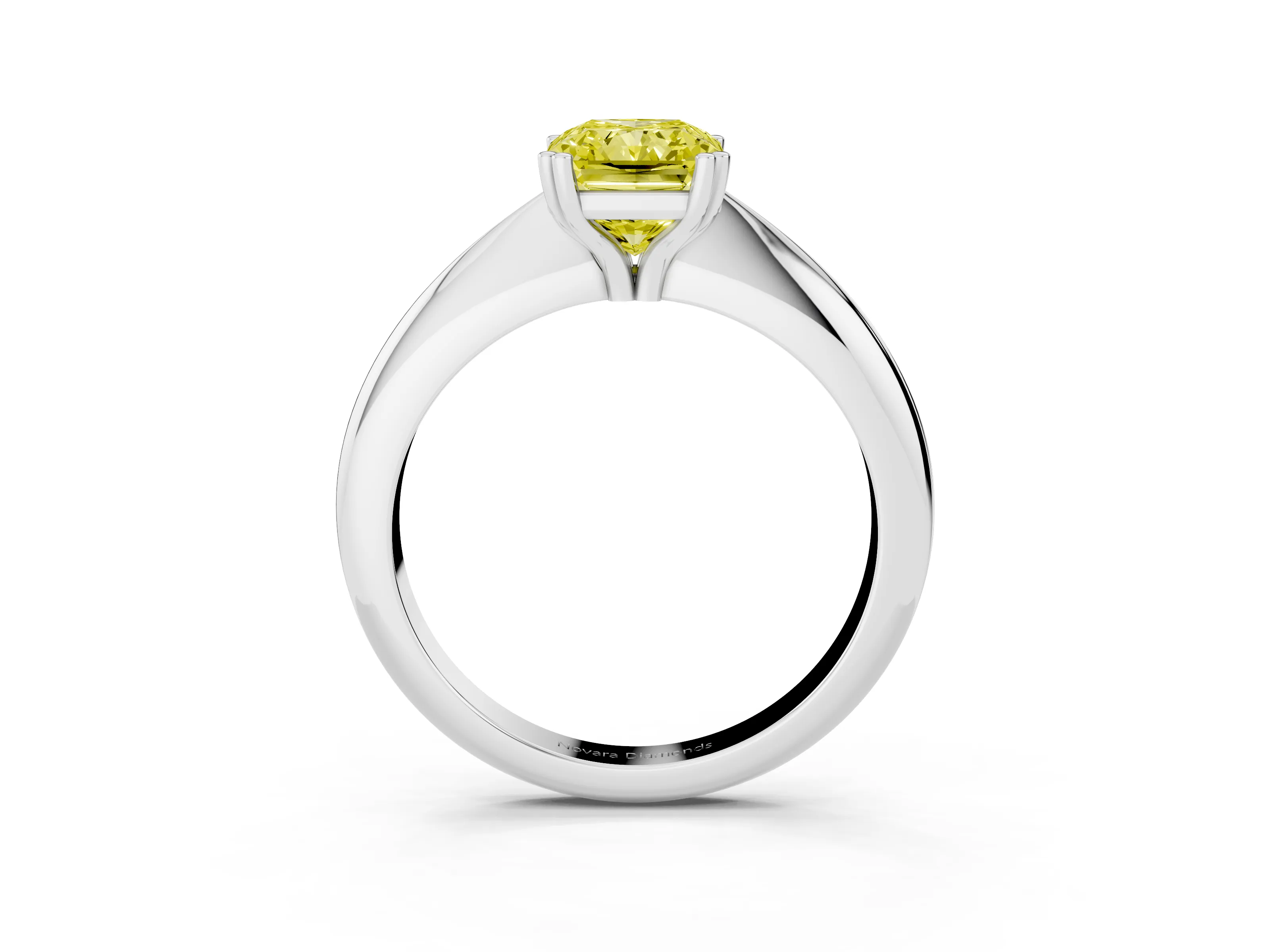 Fancy Yellow Radiant Cut Diamond Solitaire Engagement Ring Set in White gold with Tapered Band and Prong Setting