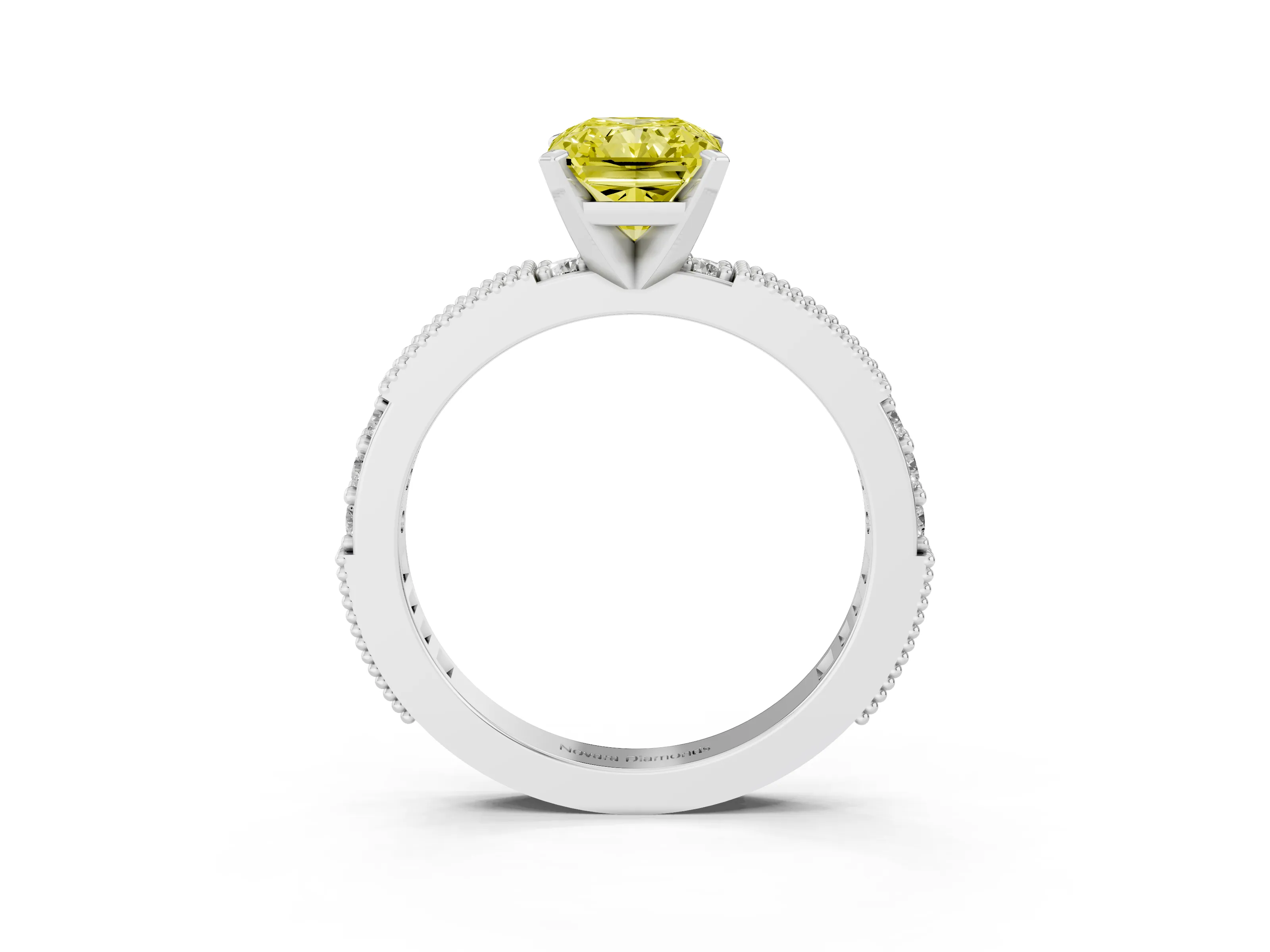 Fancy Yellow Radiant Cut Diamond Solitaire Ring Set in Platinum with Slim Pavé Band and Prong Setting