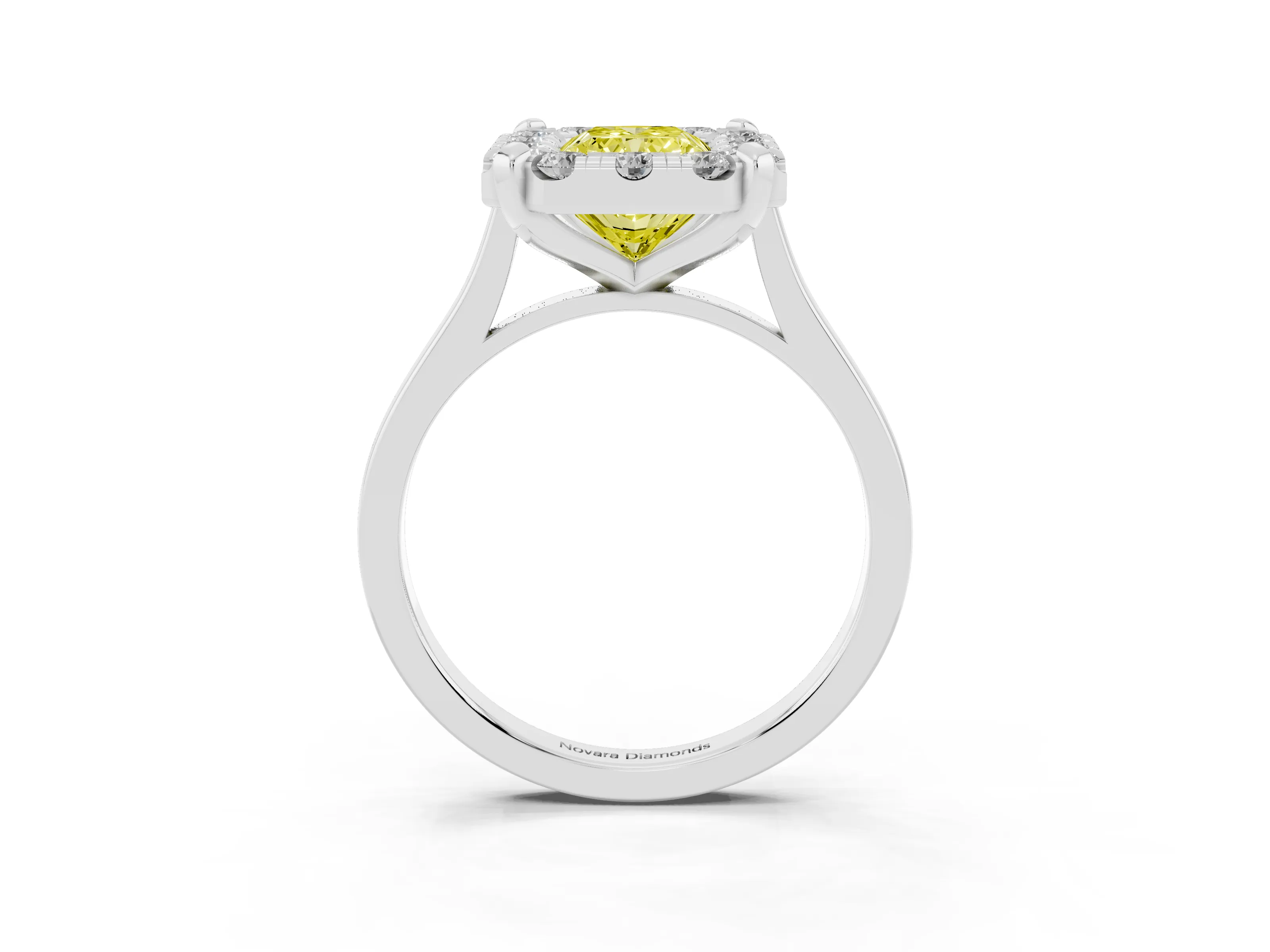 Fancy Yellow Radiant Cut Diamond Cluster Halo Solitaire Ring Set in White gold with Prong Setting