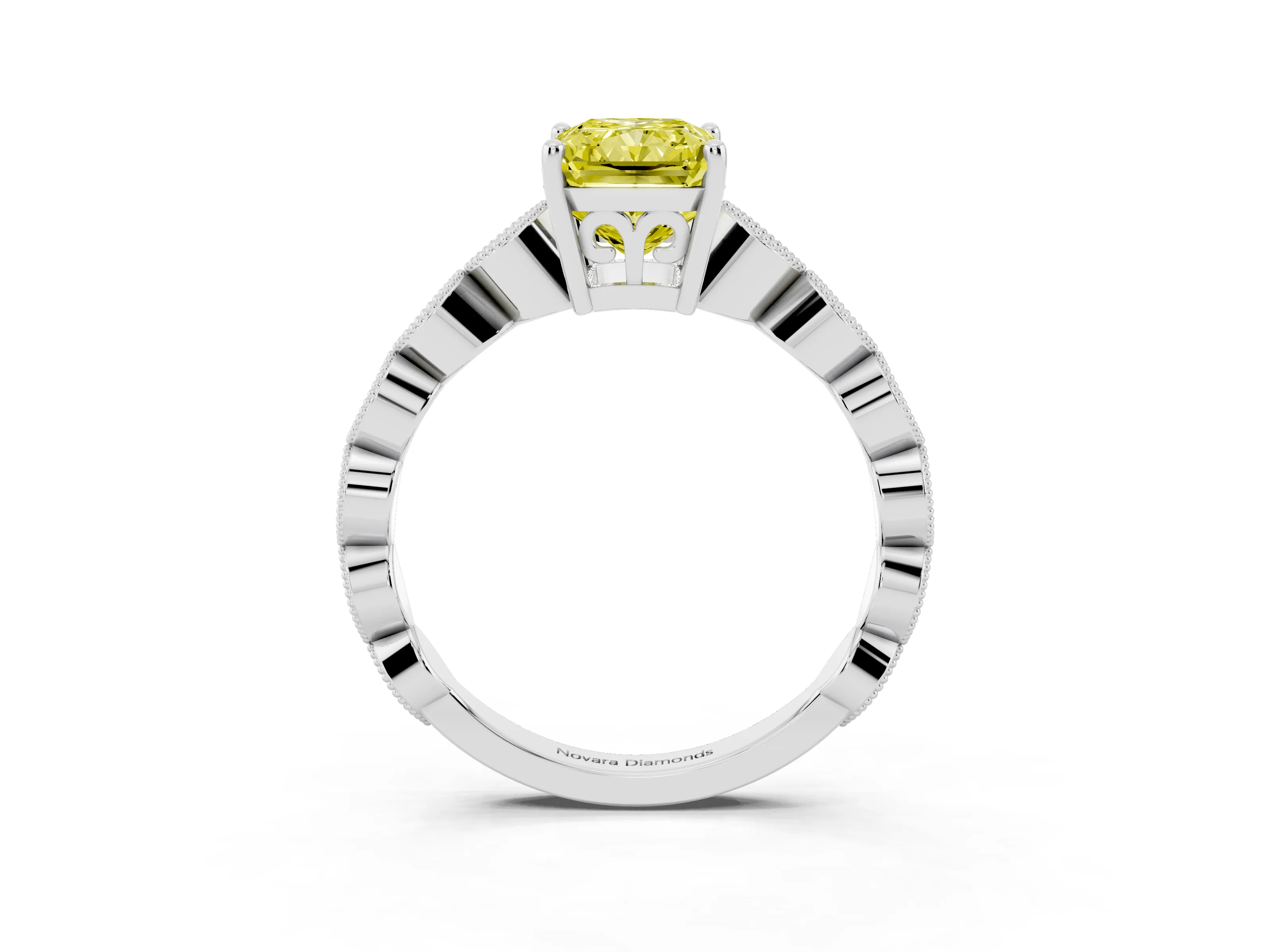 Fancy Yellow Radiant Cut Diamond Solitaire Ring Set in Platinum with Infinity Twist Pavé Band