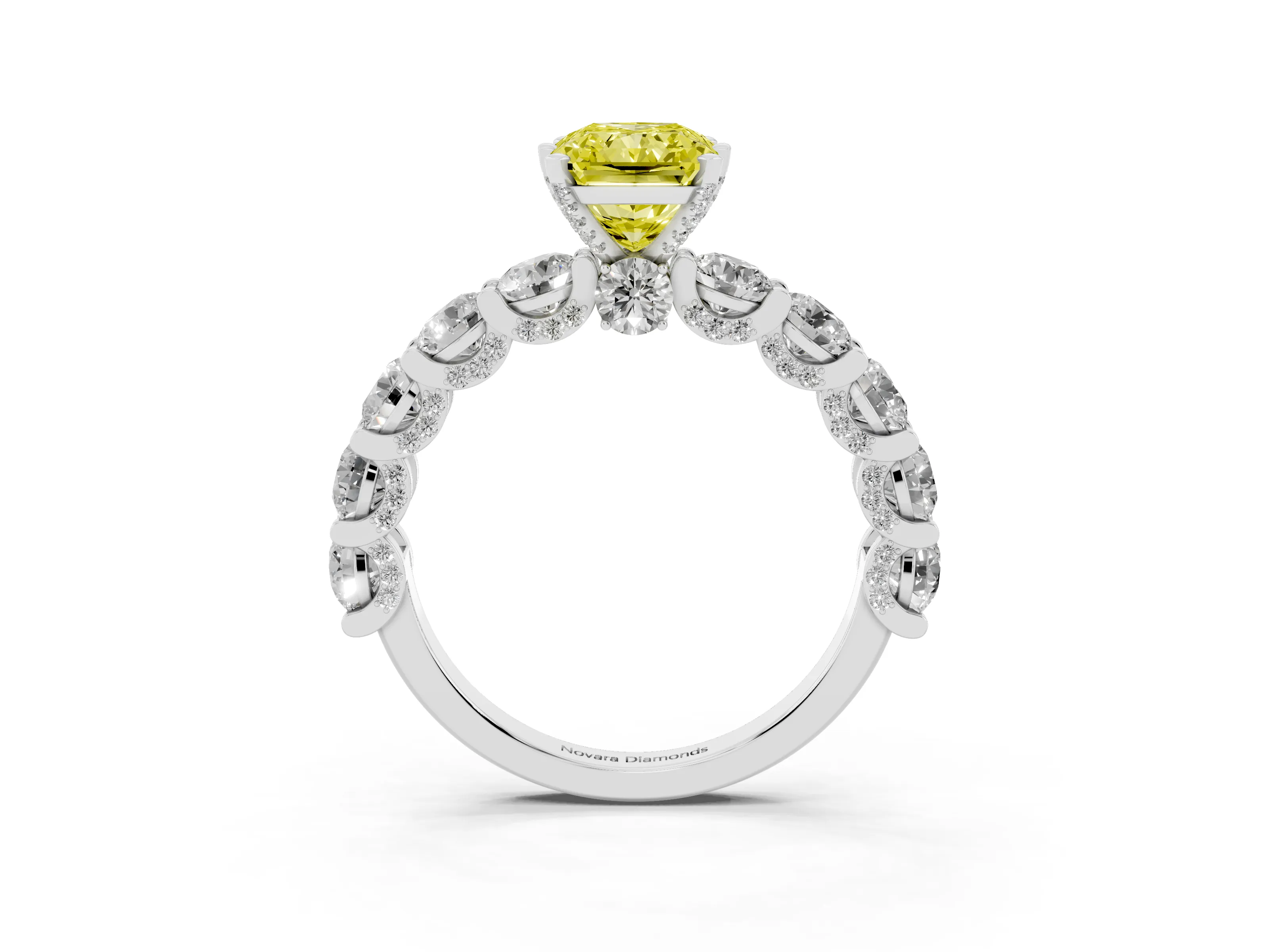 Fancy Yellow Radiant Cut Diamond Side Stone Ring Set in Platinum with Alternating Round and Oval Side Stones