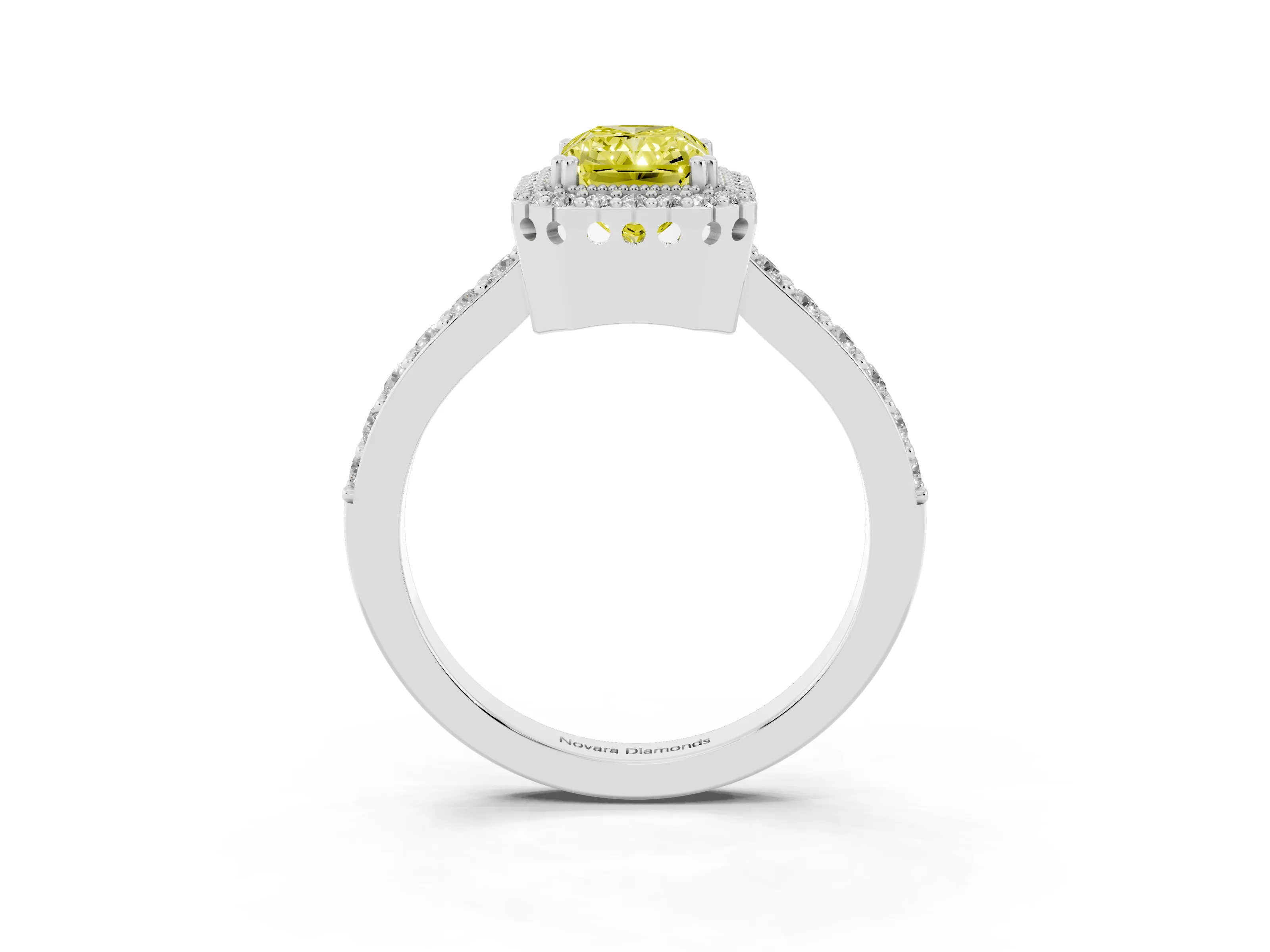 Fancy Yellow Radiant Cut Diamond Halo Engagement Ring Set in Silver with Milgrain Detail and Pavé Band