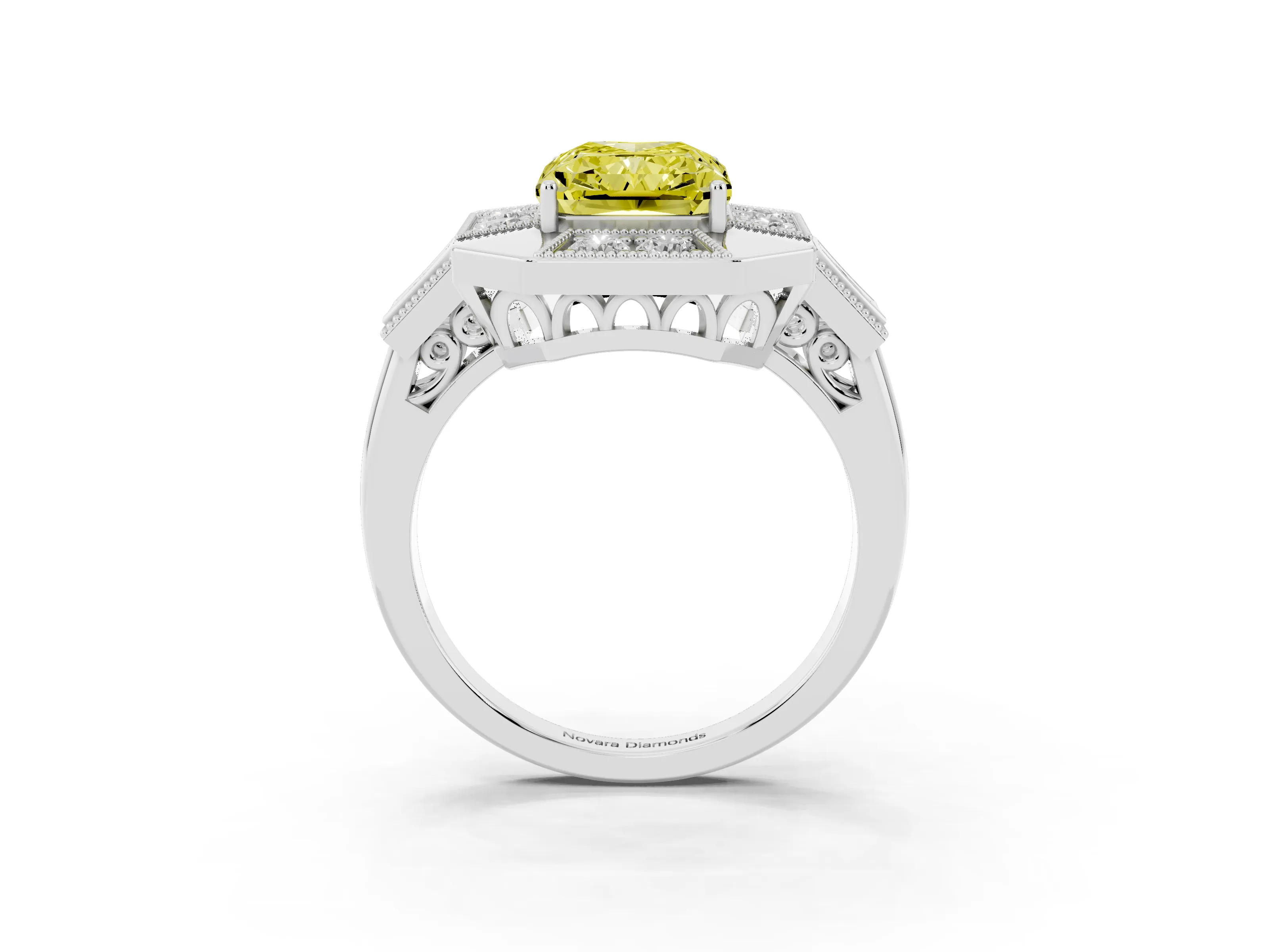 Fancy Yellow Radiant Cut Diamond Milgrain Halo Ring Set in Silver with Split Shank