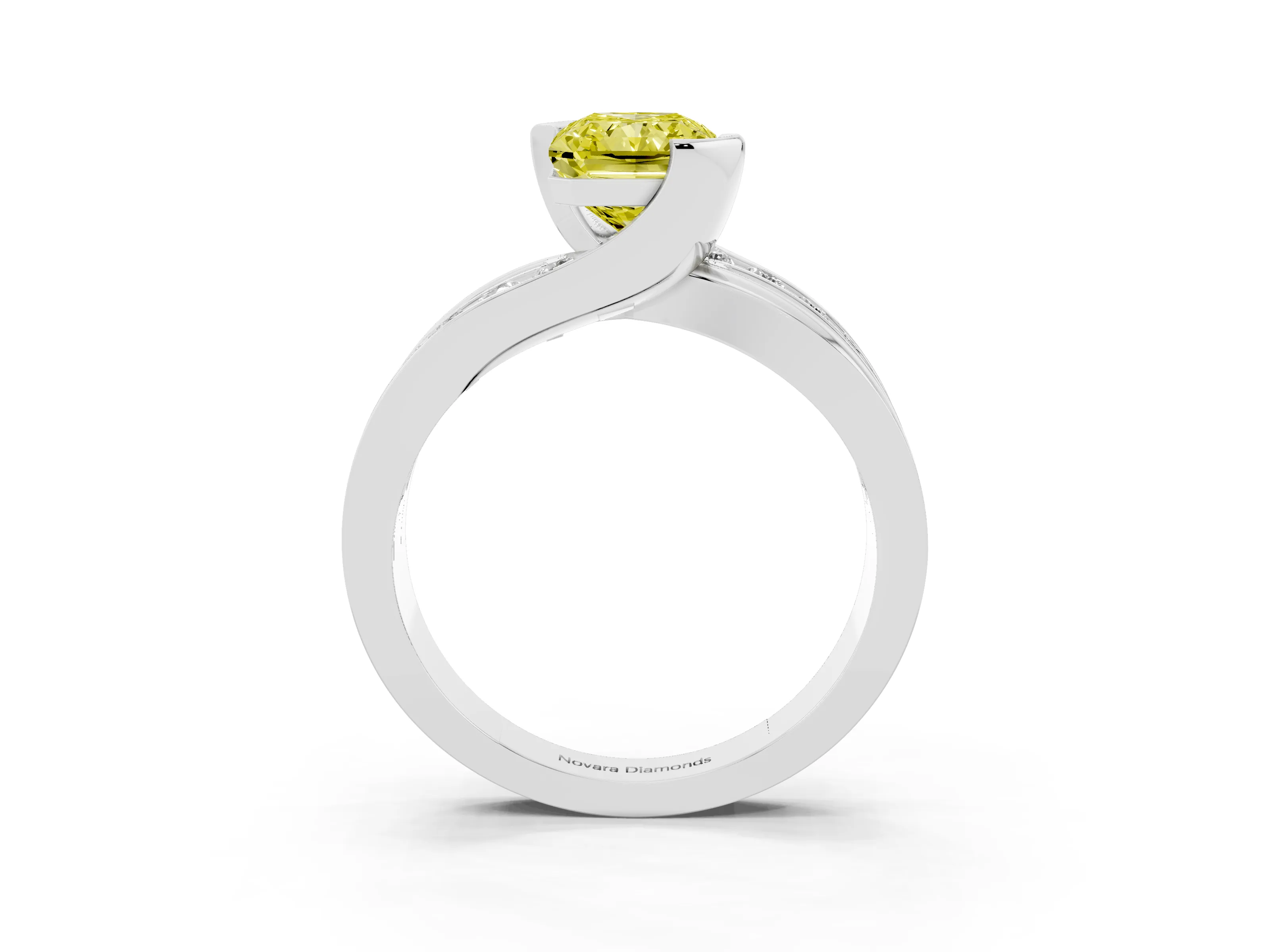 Fancy Yellow Radiant Cut Diamond Solitaire Ring Set in Platinum with Channel Set Split Shank and Tension Prongs
