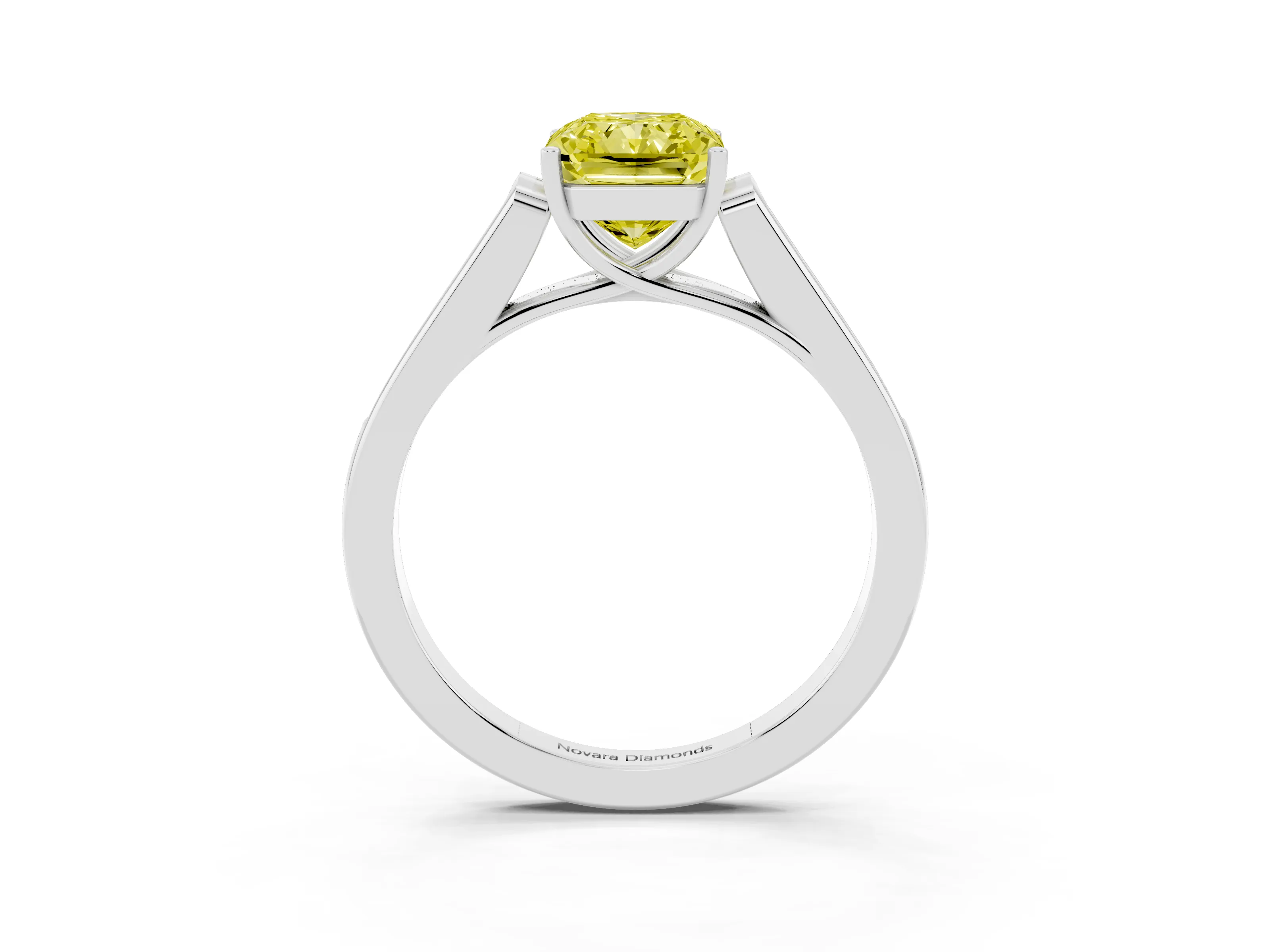 Fancy Yellow Radiant Cut Diamond Solitaire Cathedral Engagement Ring Set in Platinum with Channel-Set Band and Prong Setting